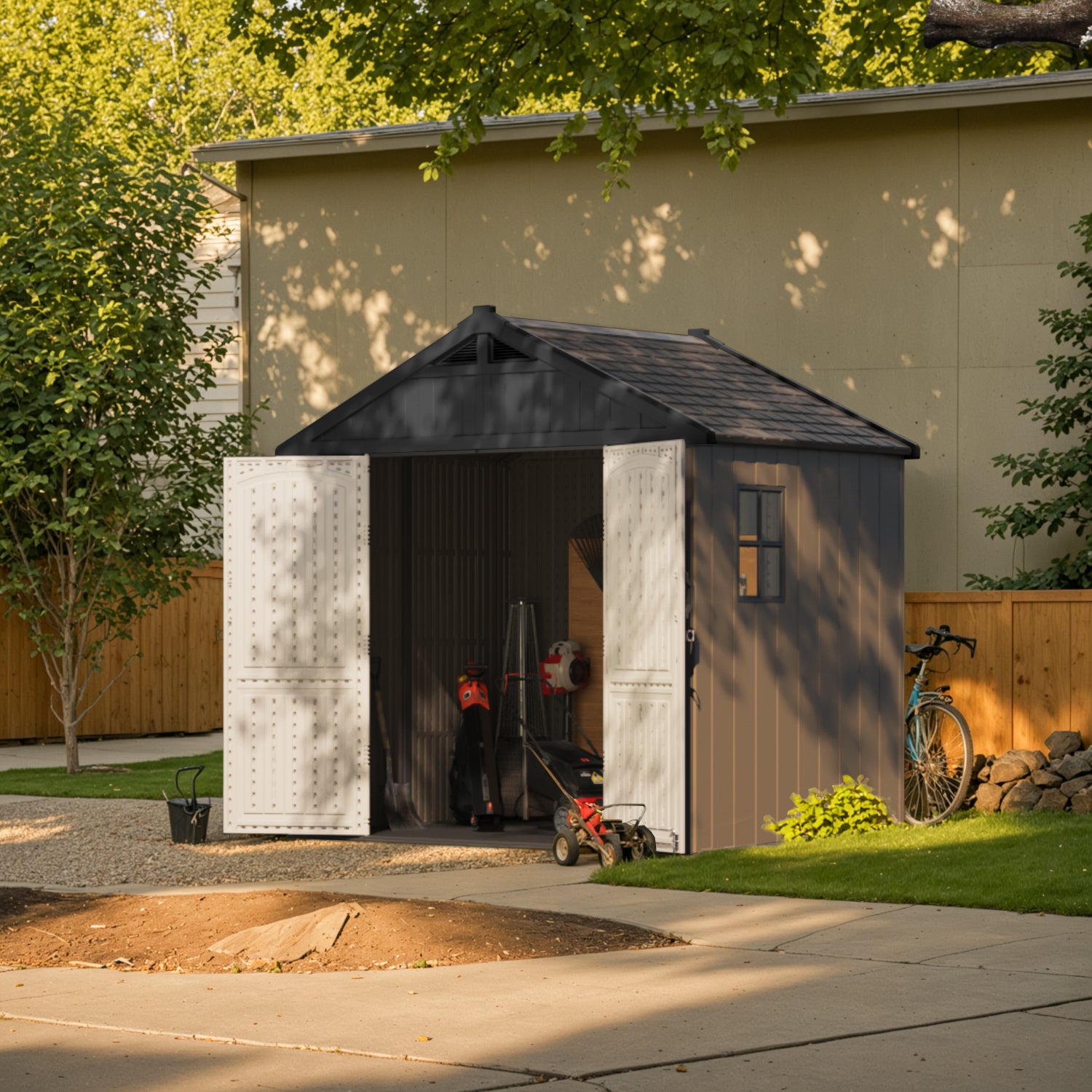 Small storage shed with tools and a lawn mower in a backyard setting.
color:brown
