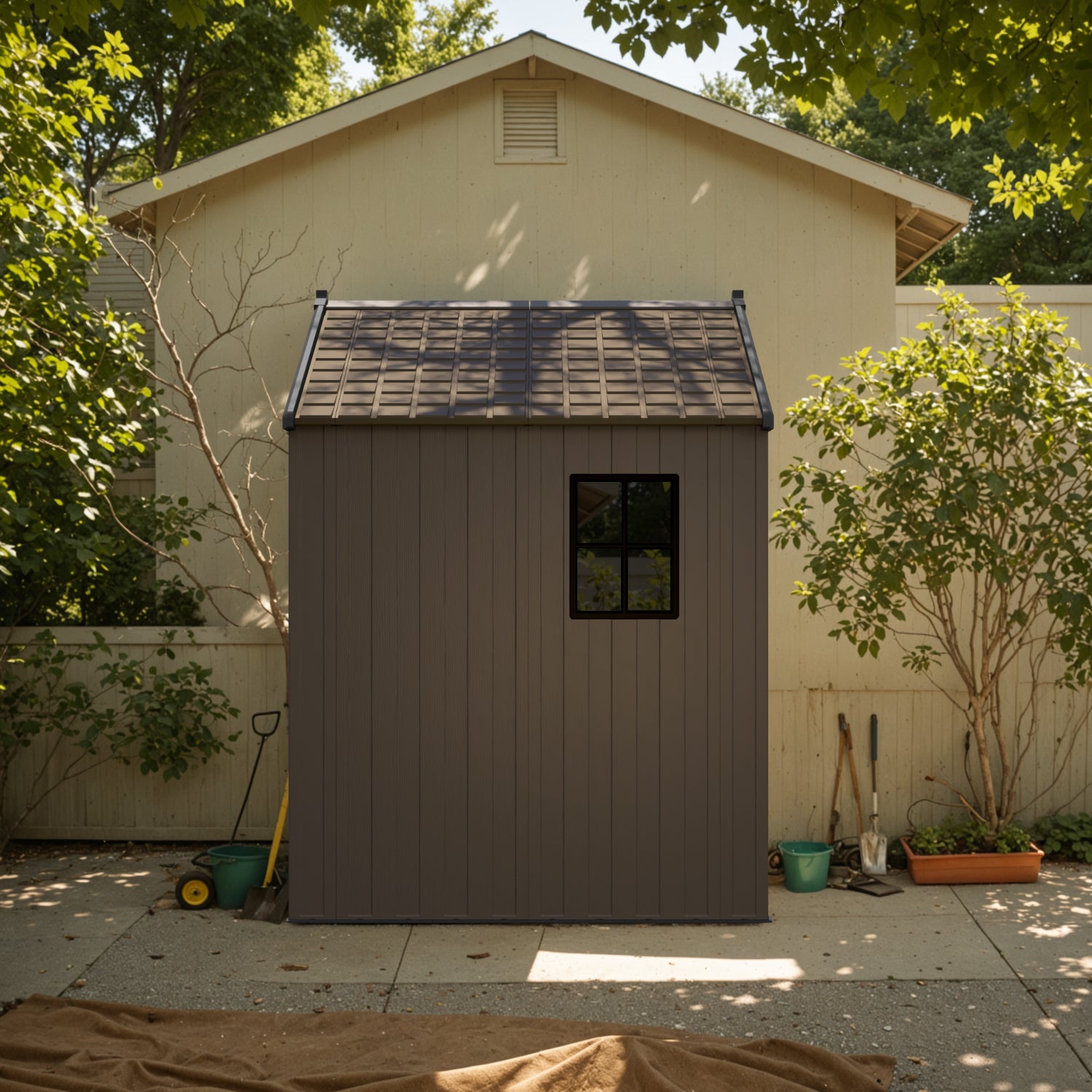Brown storage shed with a small window in a backyard setting.
color:brown
