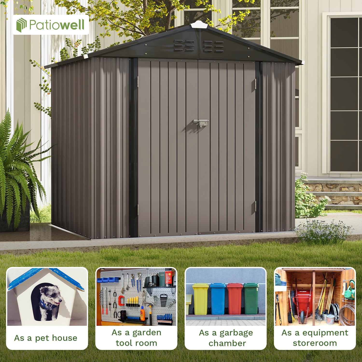 Patiowell storage shed with various uses shown in icons below