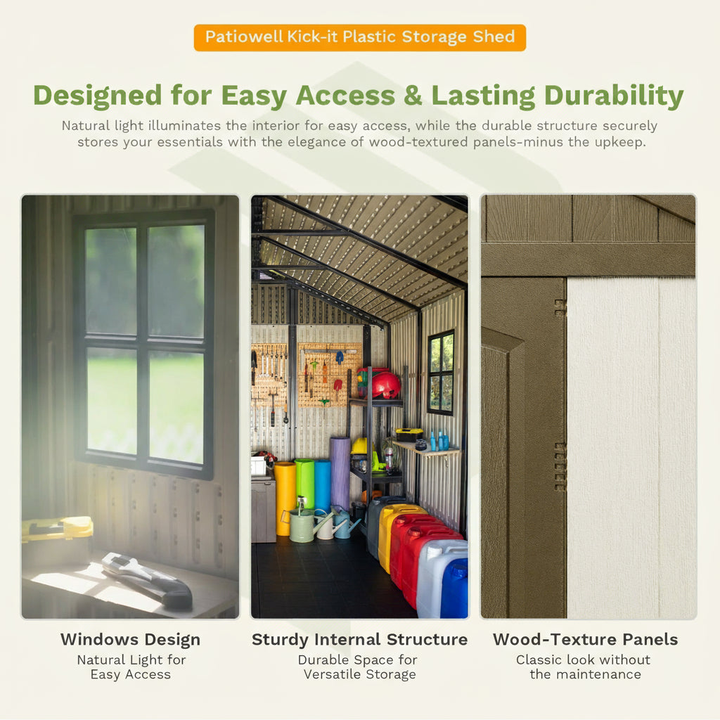 Patiowell Kick-it Plastic Storage Shed with features highlighted on a white background
color:brown & beige