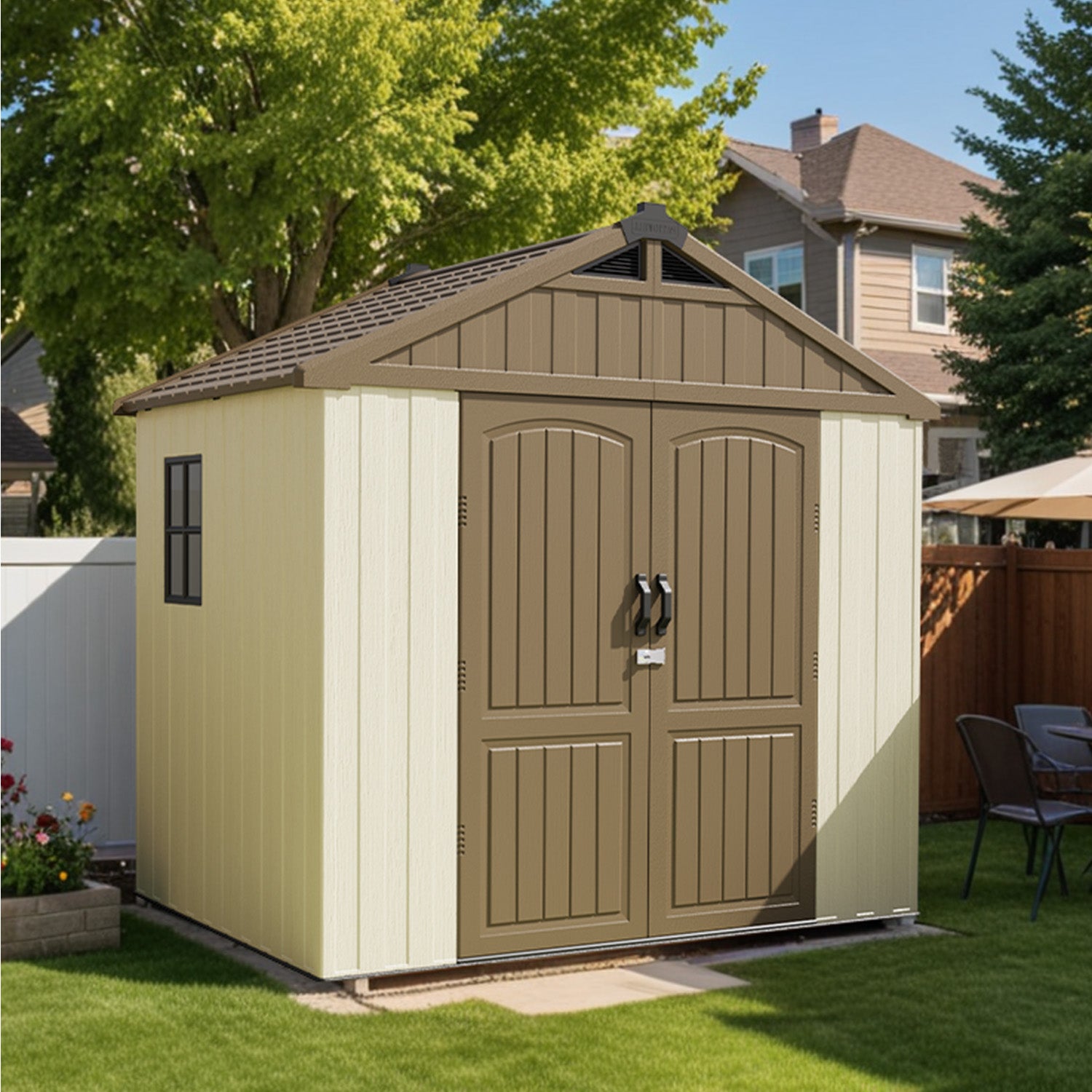 Storage shed with beige and brown exterior in a backyard setting
color:brown & beige