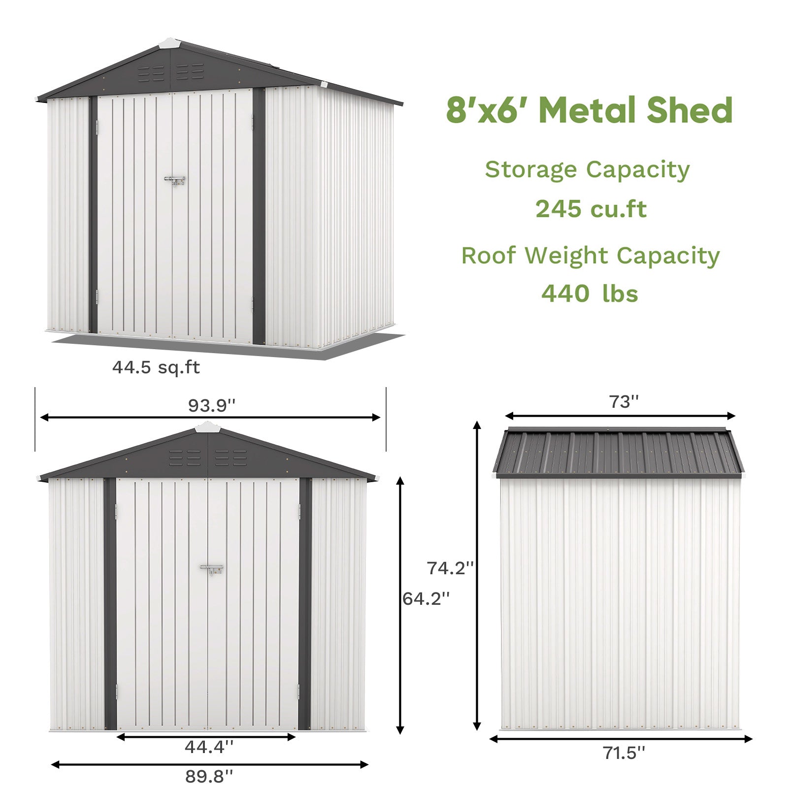 Metal shed with dimensions and storage capacity details on a white background
color:pure white