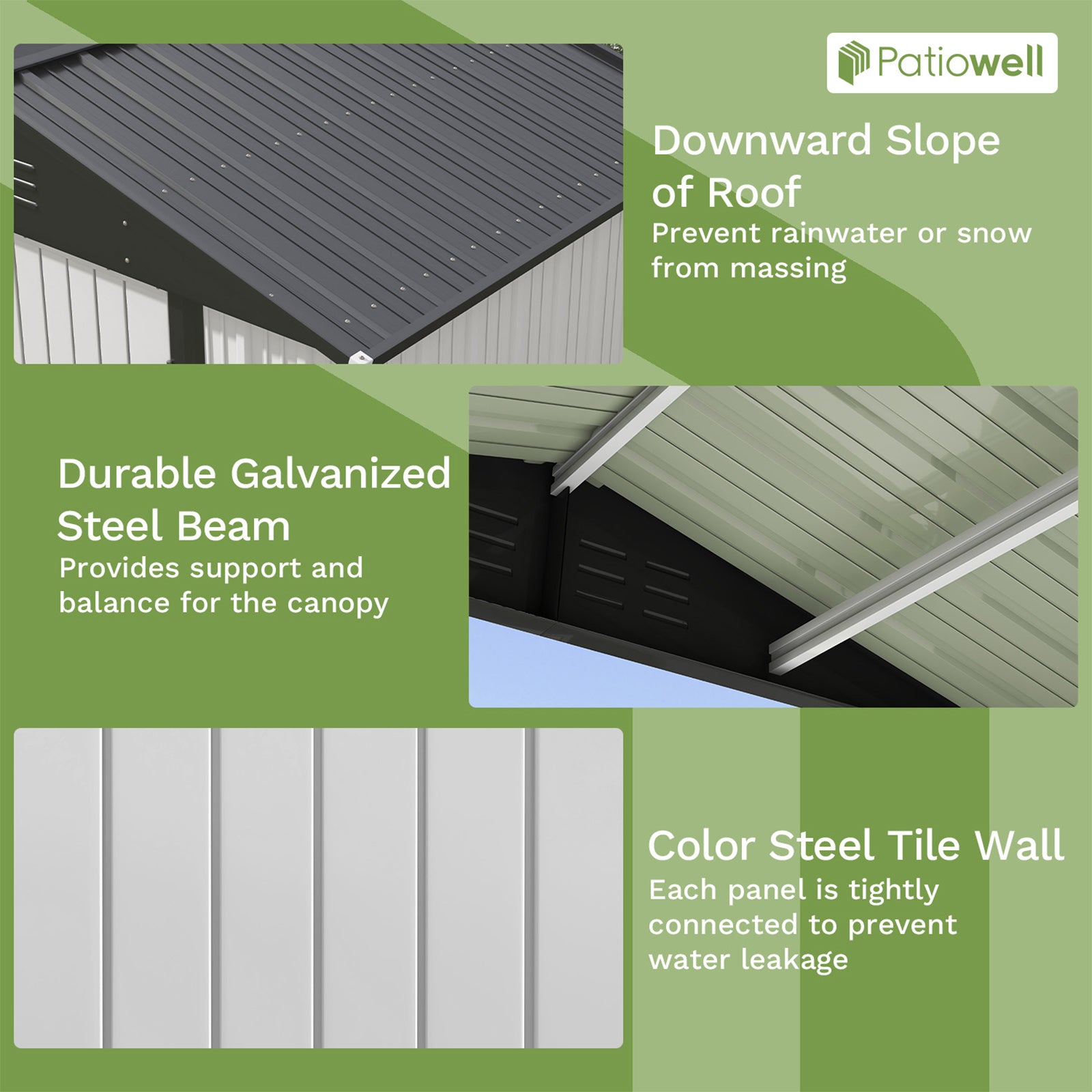Advertisement for Patiowell canopy system with text on roof slope, steel beam, and color steel tile wall.
