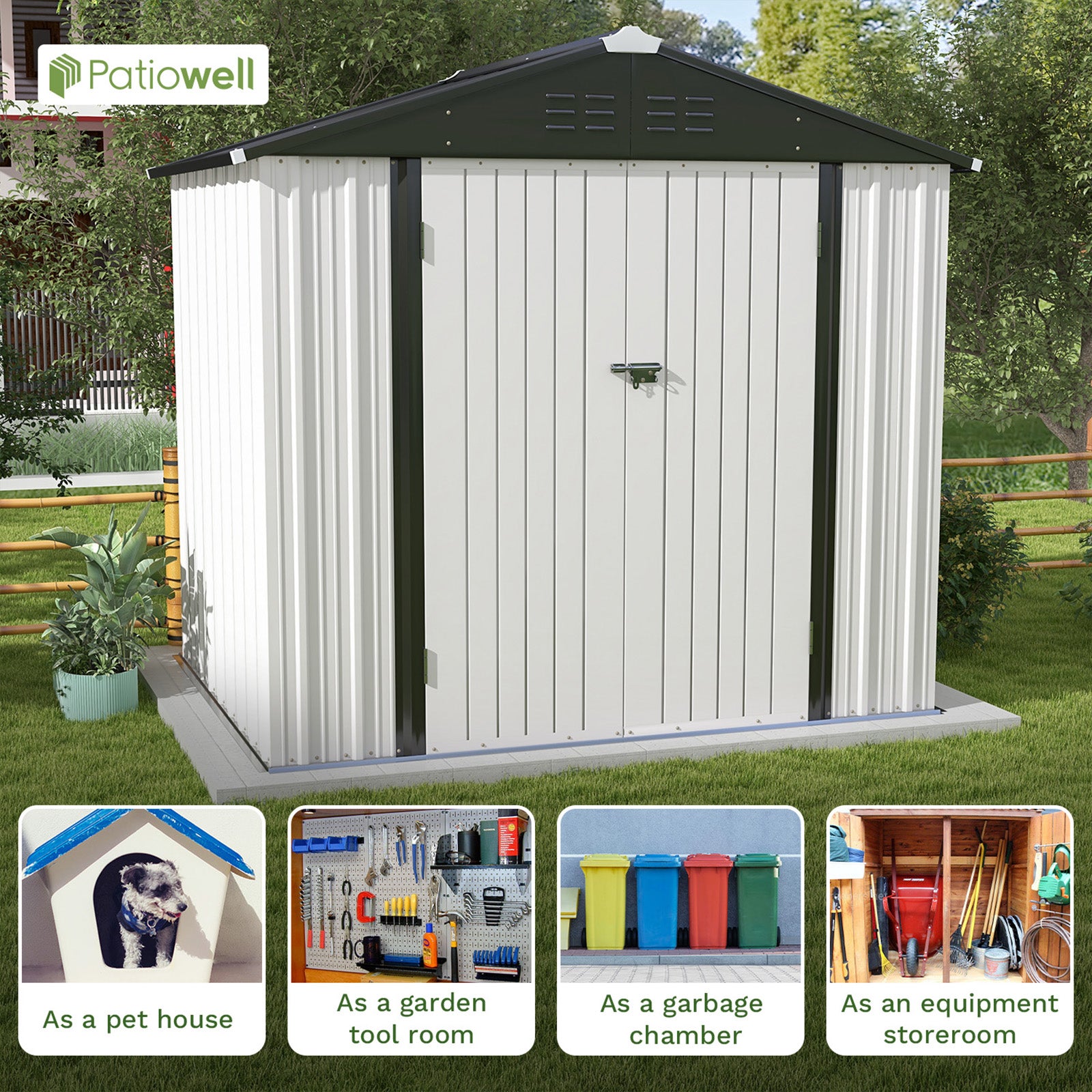 Metal storage shed with Patiowell logo on a grassy area with trees in the background.