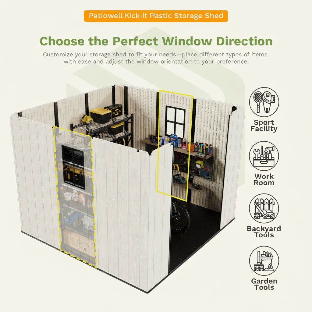 Patiowell Kick-it Plastic Storage Shed with customizable window direction options on a white background.