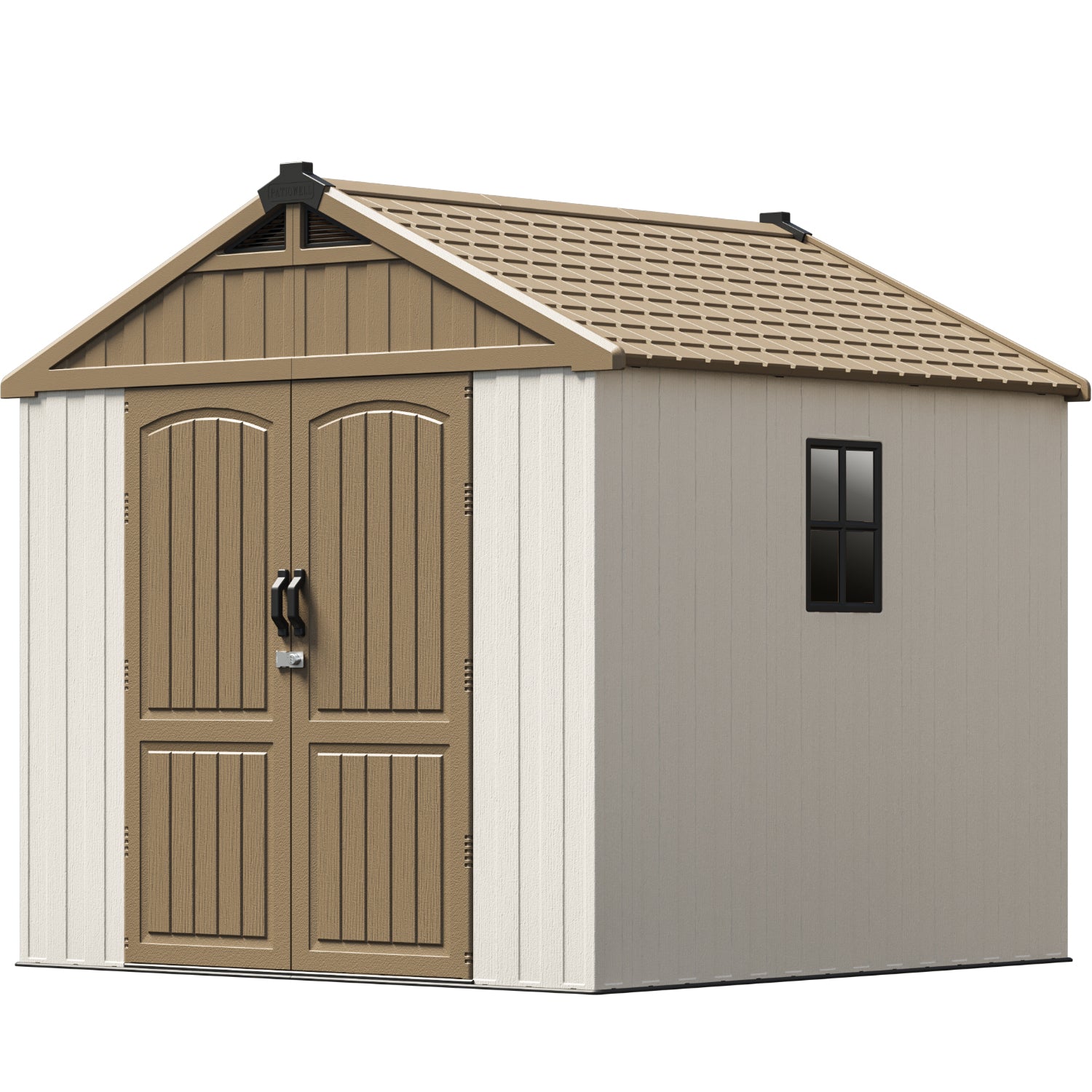 Storage shed with brown doors and beige roof on a white background