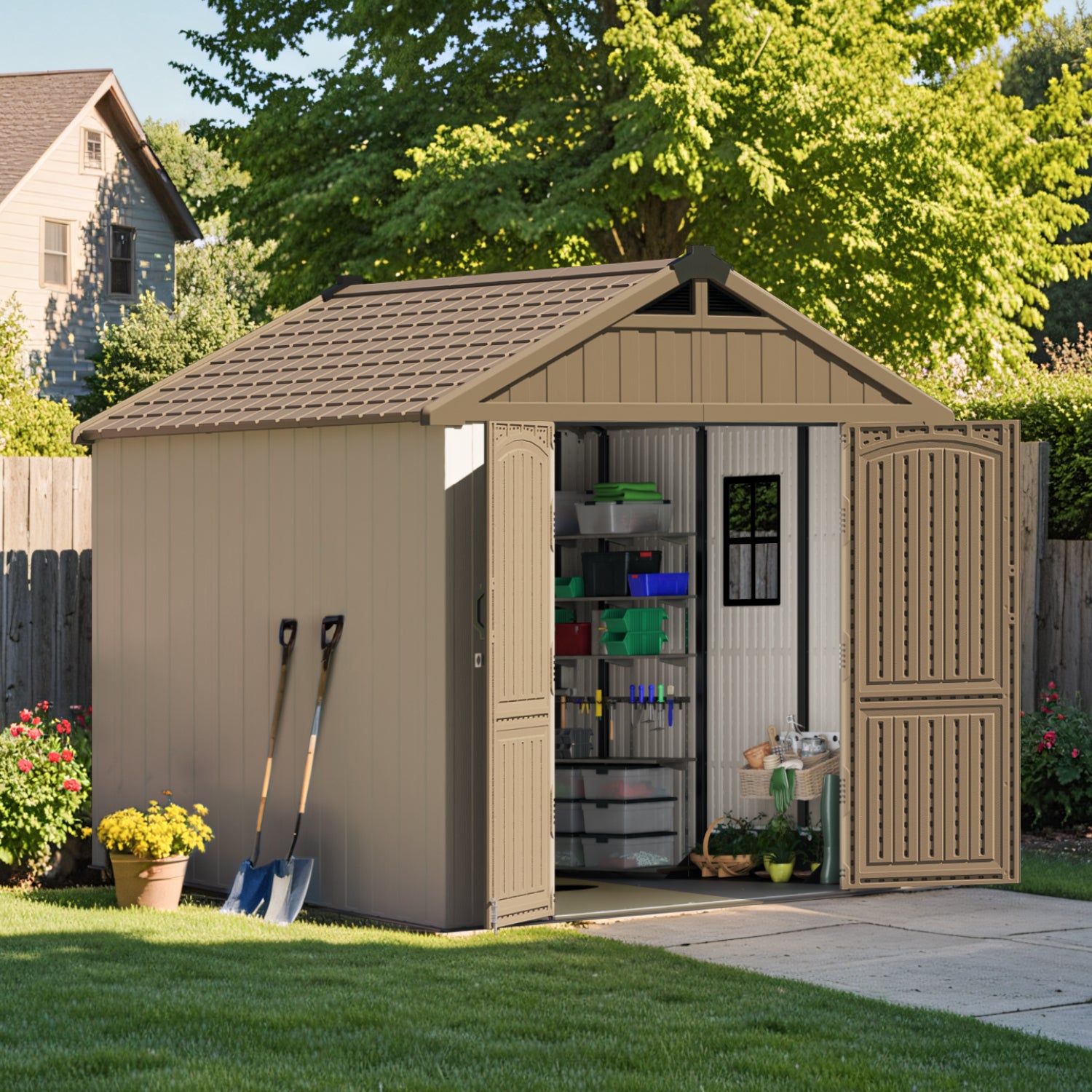 Beige storage shed with open door in a backyard setting