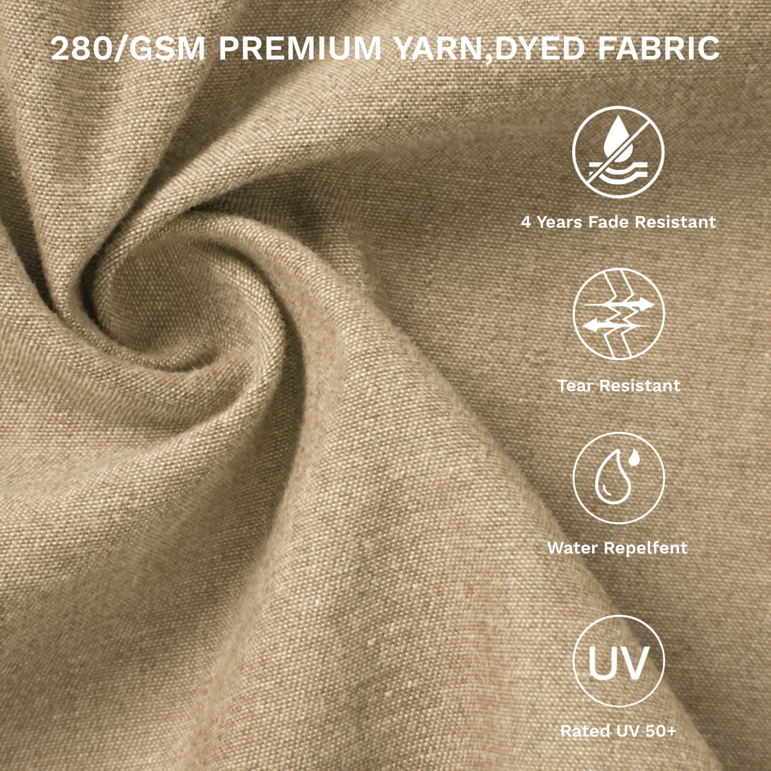 Beige fabric with text and icons indicating properties like 280 GSM yarn, fade resistance, tear resistance, water repellency, and UV protection.