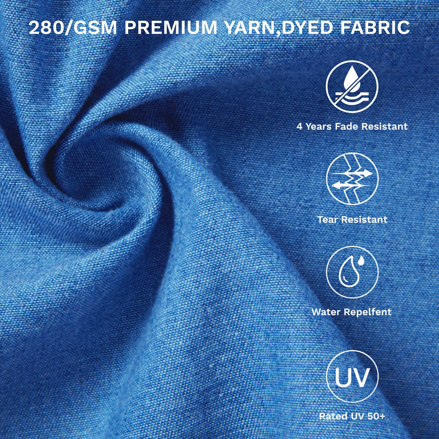 Blue fabric with text and icons indicating properties like 4 years fade resistance, tear resistance, water repellent, and UV rating.