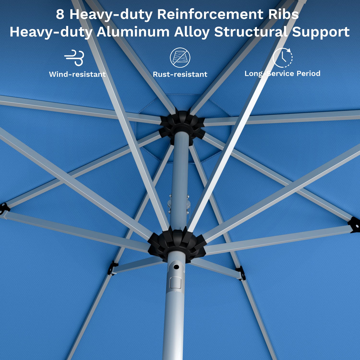 Blue umbrella with reinforcement ribs and structural support details on a blue background