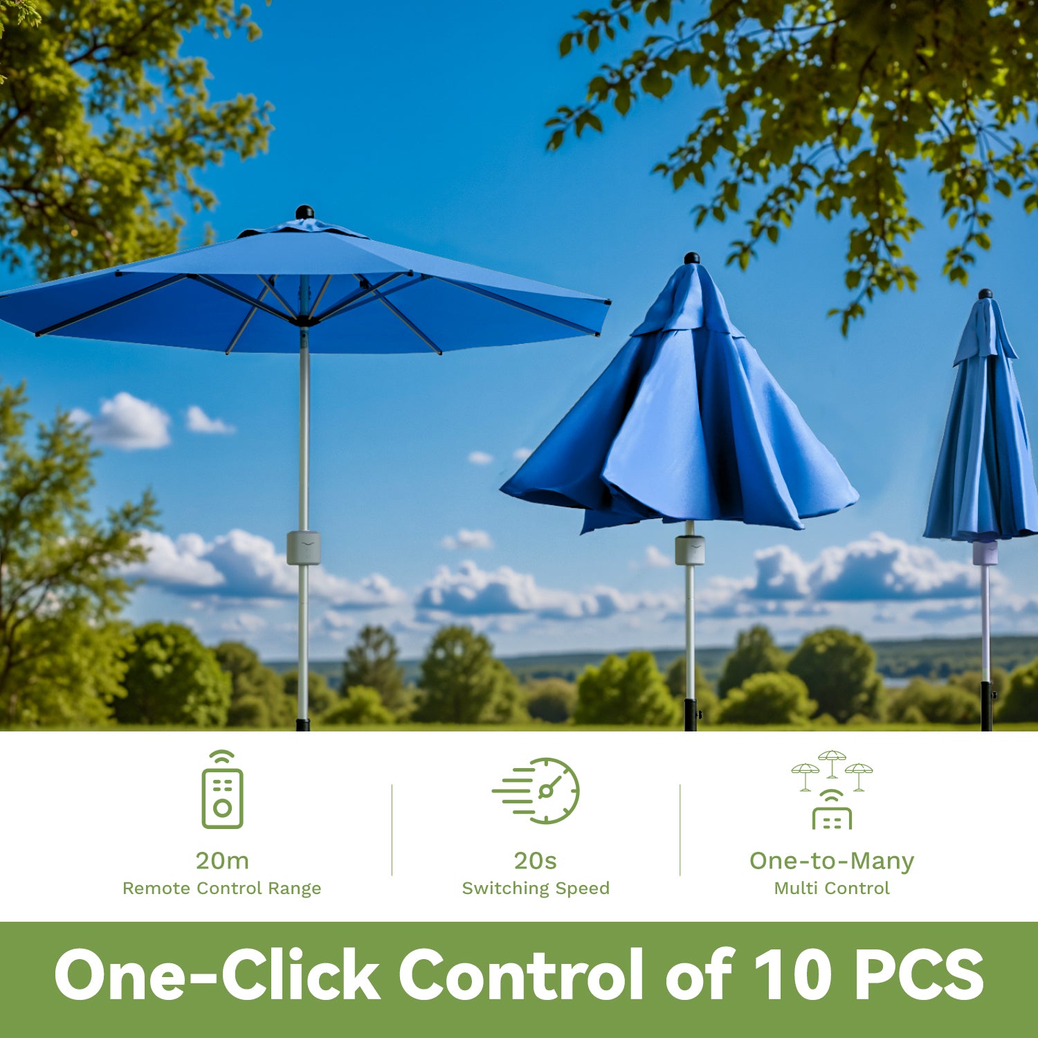 Blue outdoor umbrellas with a scenic background and control features displayed.