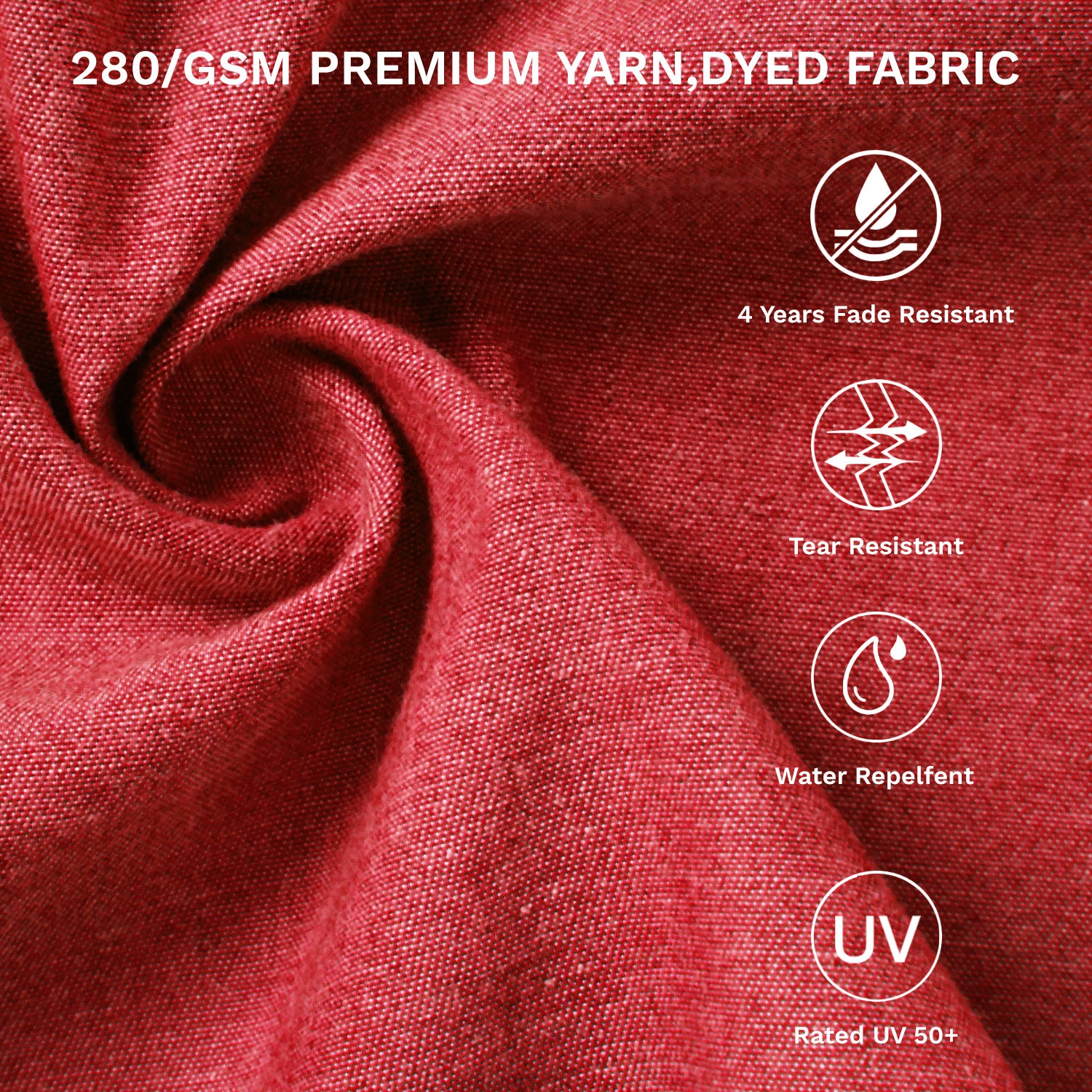 Red fabric with text and icons indicating fabric properties on a white background