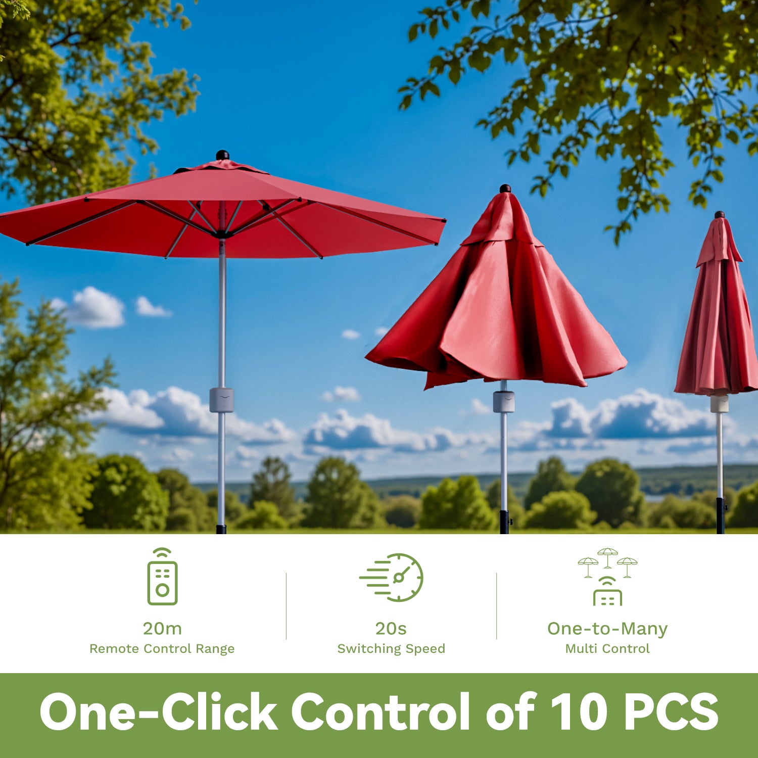 Red outdoor umbrellas with a scenic background and control features displayed.