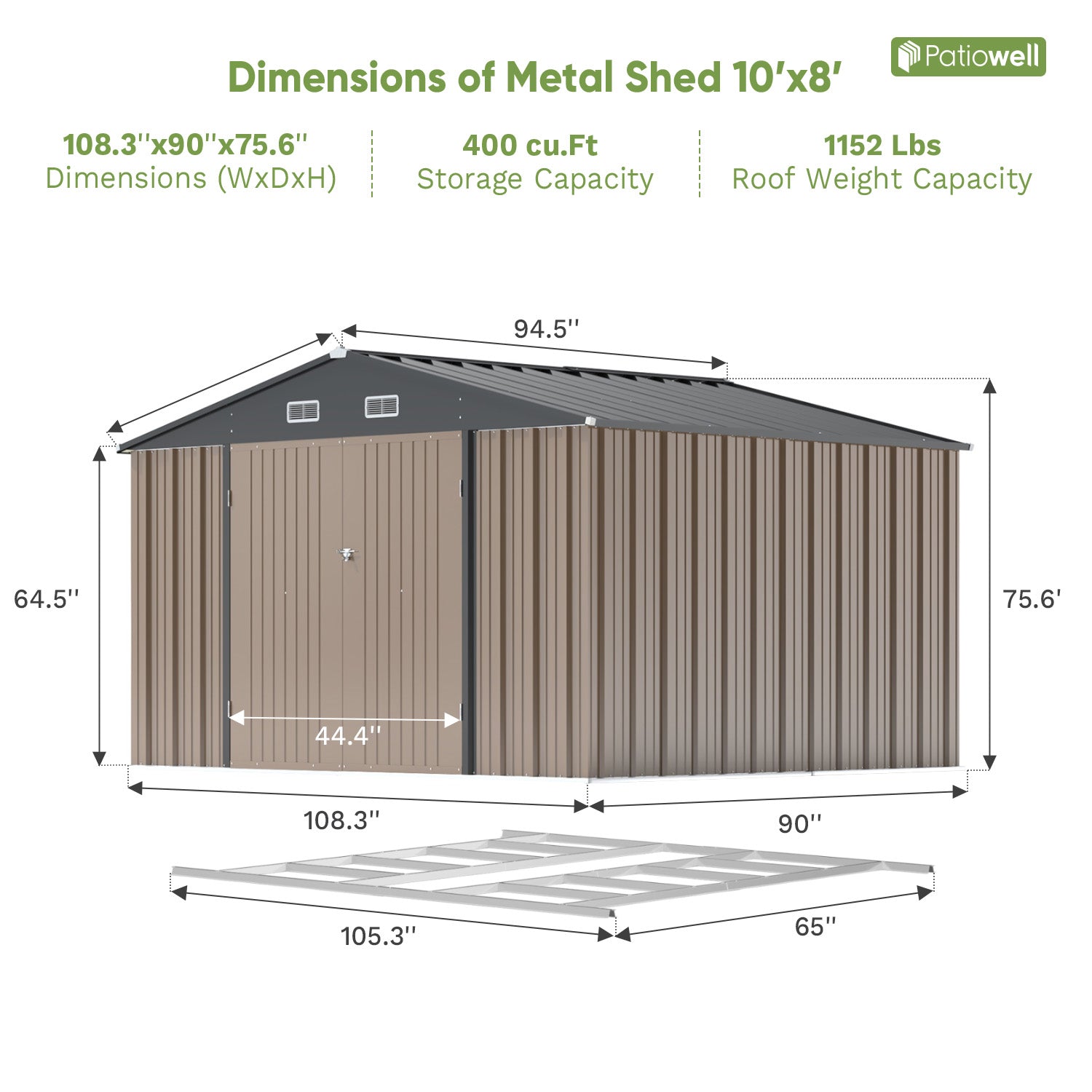 patiowell metal storage shed 
 shed floor frame kit color:Khaki|style:with floor base
