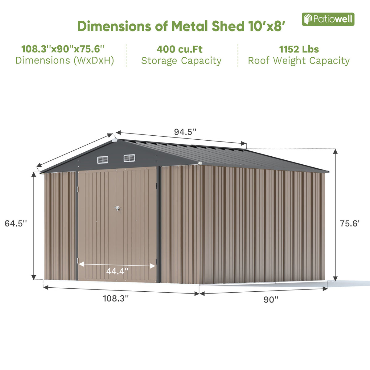 10x8 Metal Storage Shed with Weather Resistance, Brown | Patiowell