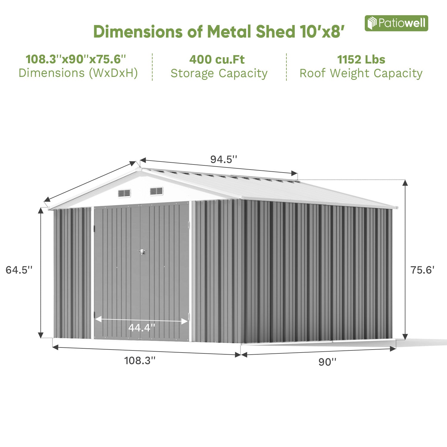 10x8 Metal Storage Shed with Weather Resistance, Gray | Patiowell