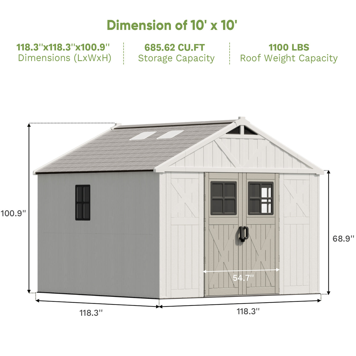 Patiowell 10x10 FT Plastic Storage Shed with Skylight & Windows & Lock