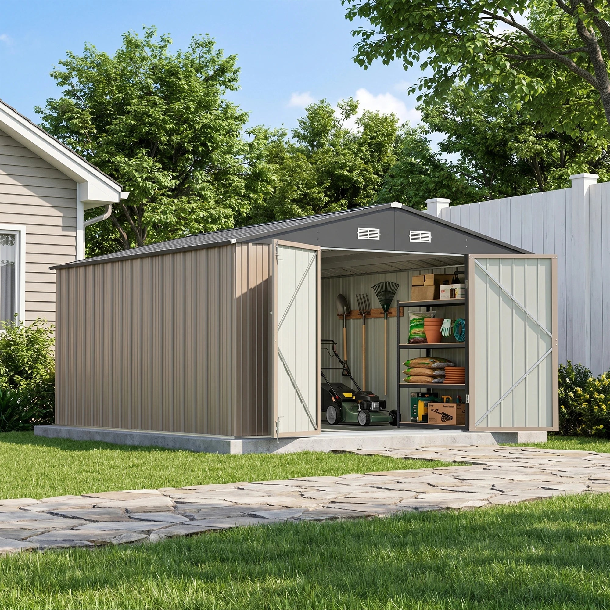 Patiowell 10x12 metal shed with floor brown