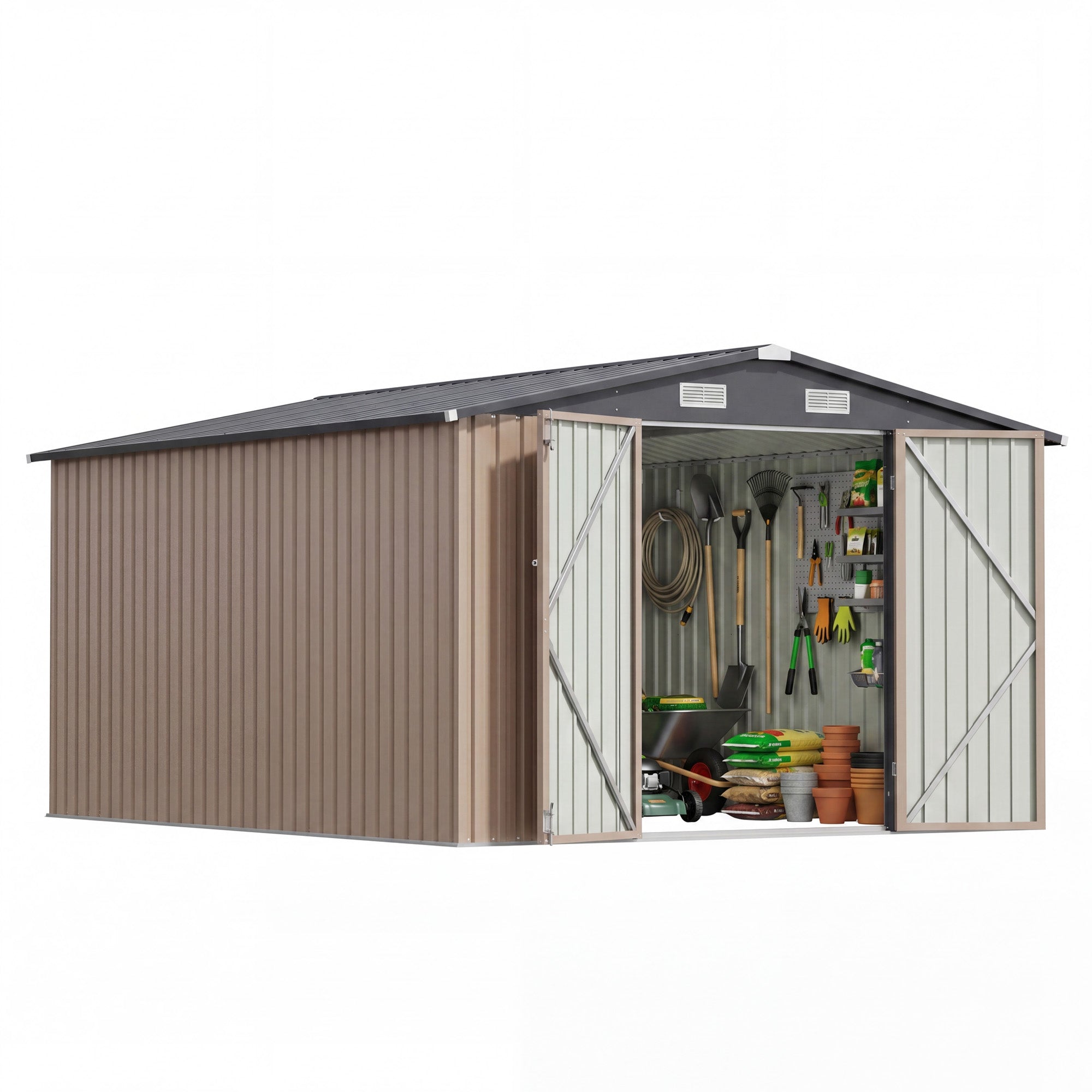 Patiowell 10x12 Metal Shed with White Vents, Brown