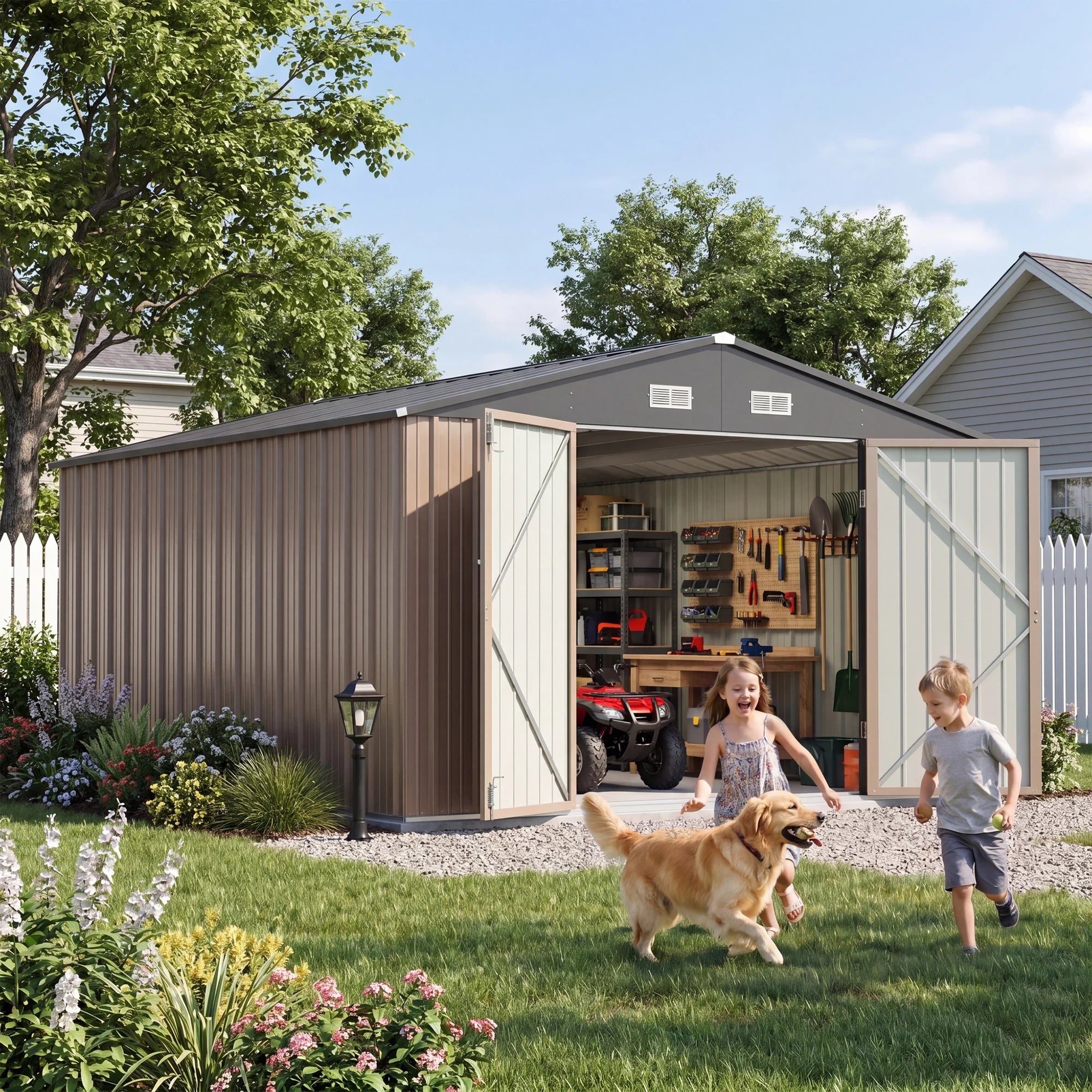 Patiowell 10x12 Metal Shed with White Vents, Brown