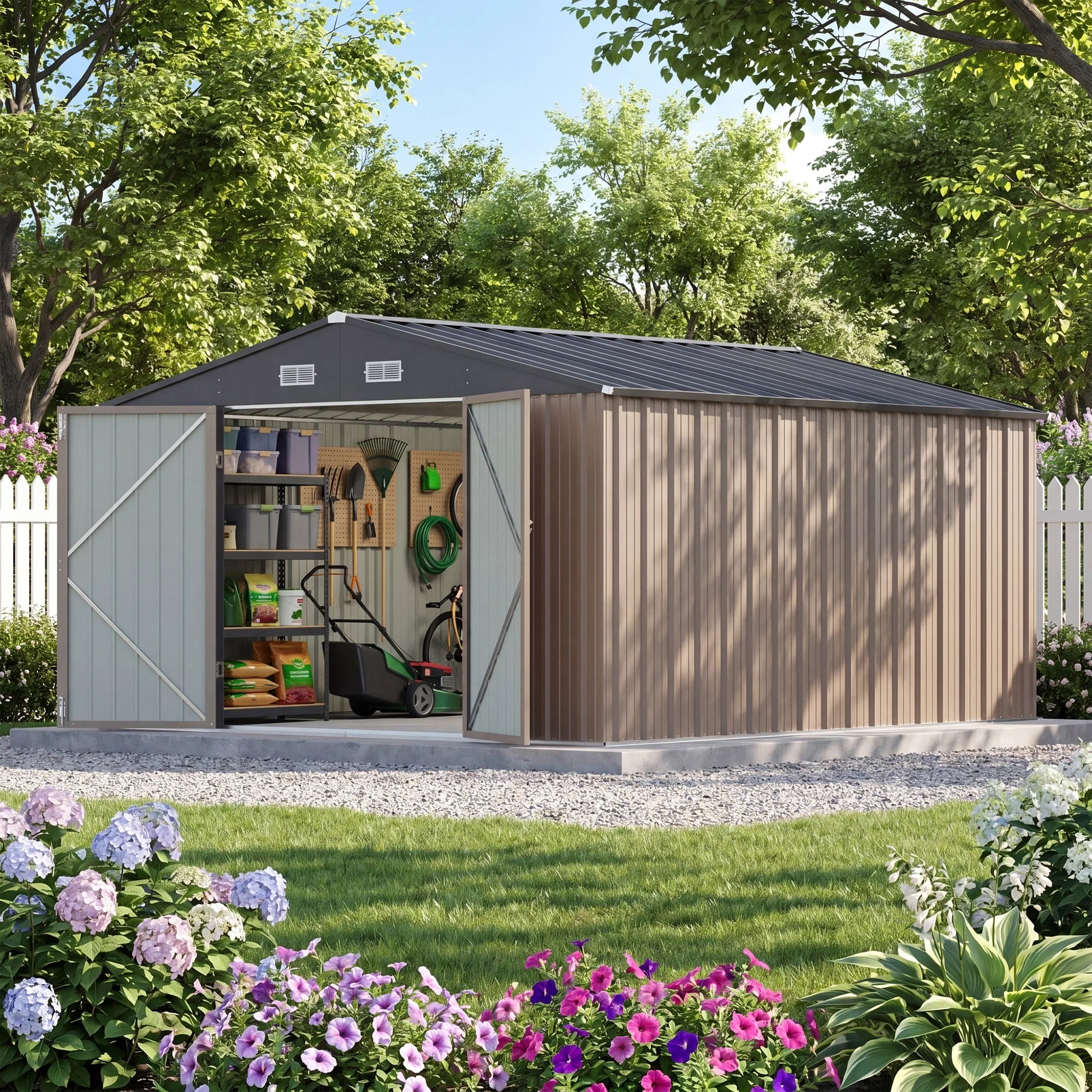 Patiowell 10x12 Metal Shed with White Vents, Brown