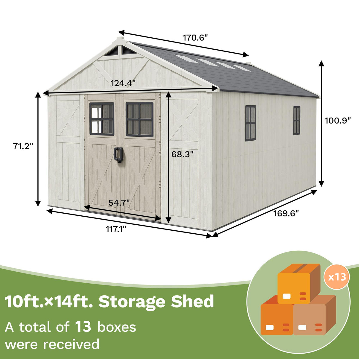 Patiowell 10x14 ft Kick-it Plastic Storage Shed with Skylight & Windows