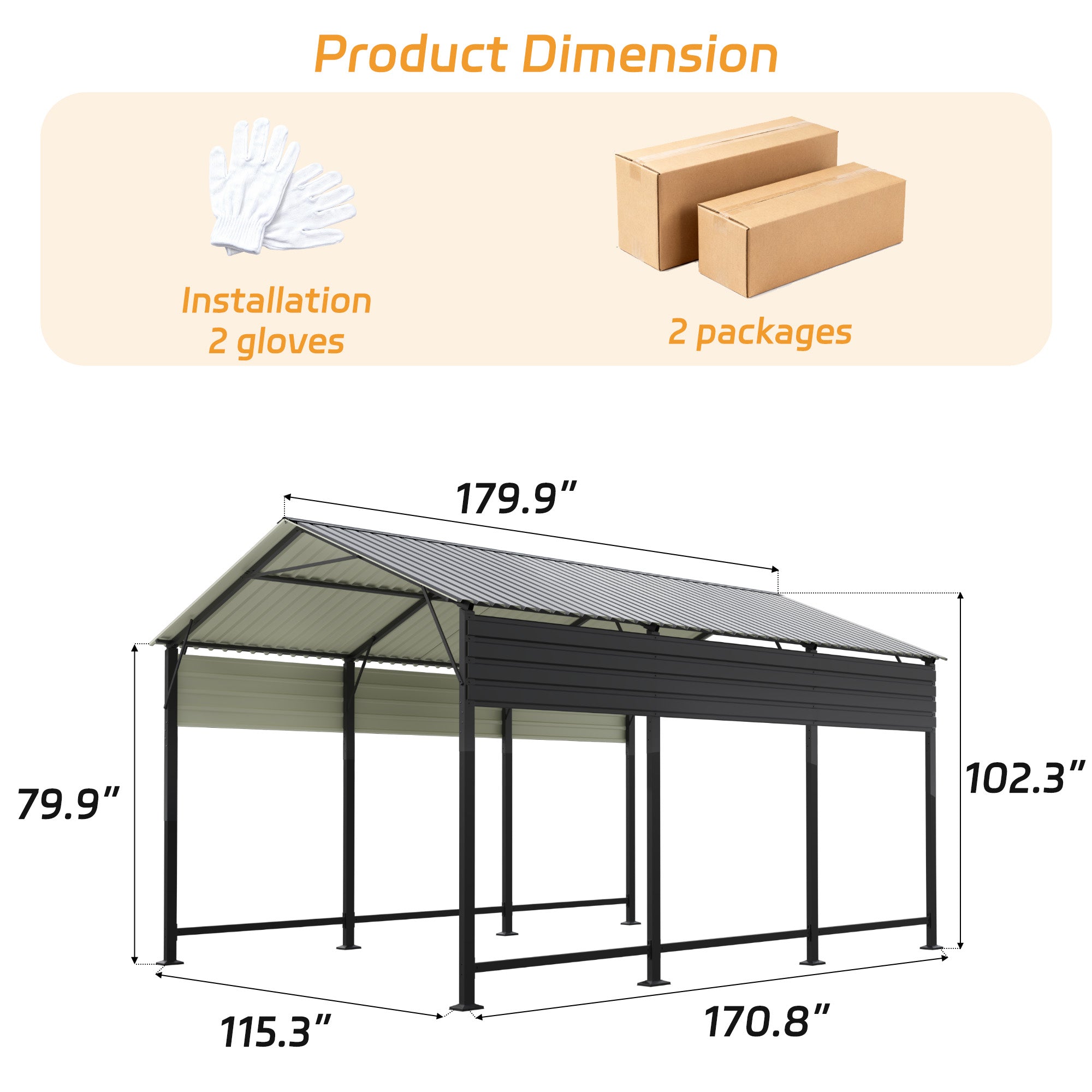 Patiowell 10'x15' Metal Carport with Vertical Roof, Black