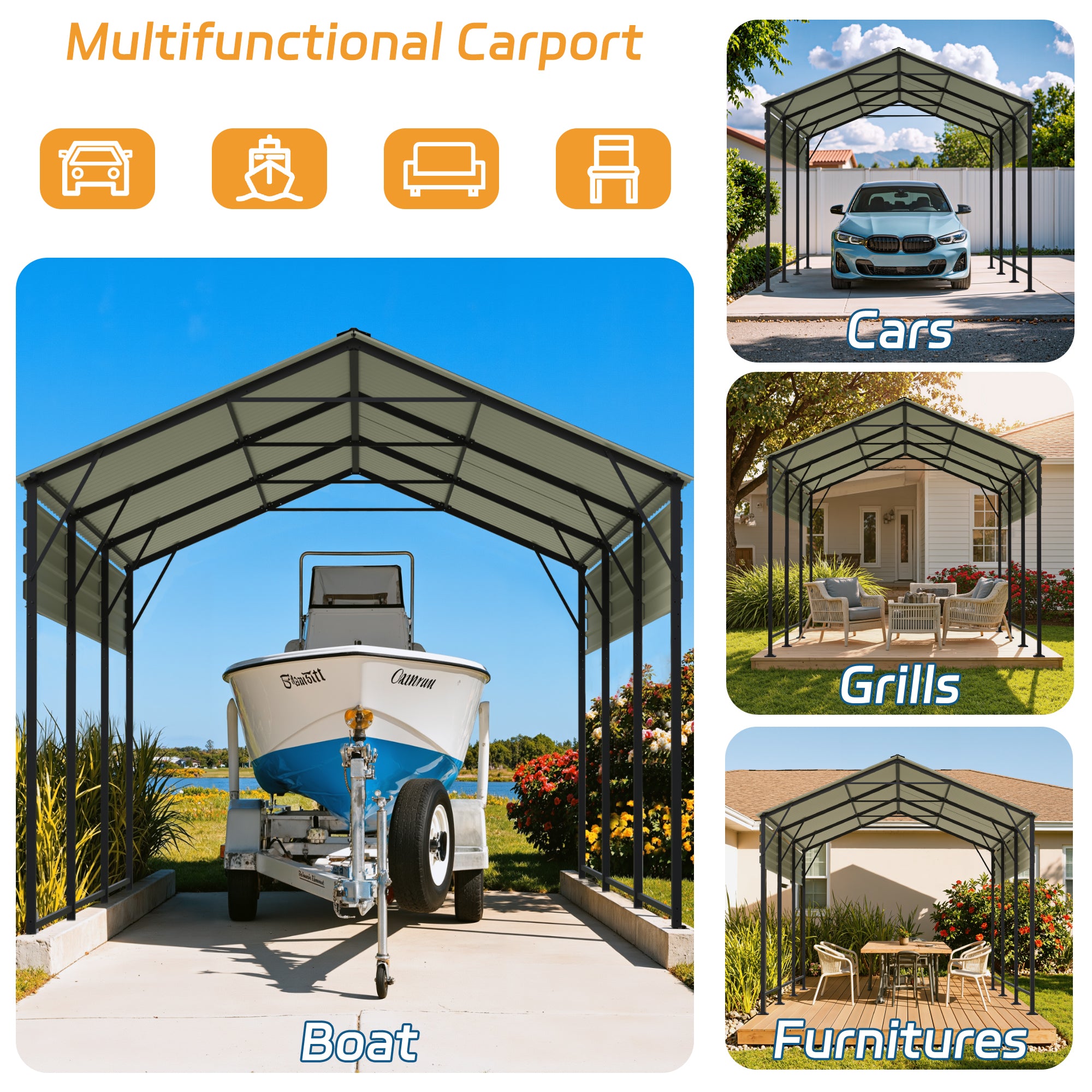 Patiowell 10'x15' Metal Carport with Vertical Roof, Black