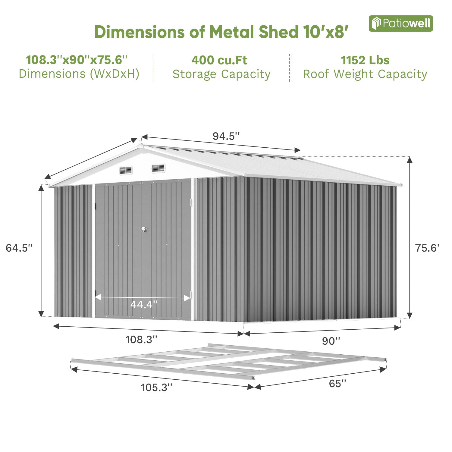Patiowell 10x8 Metal Shed with Floor, Gray