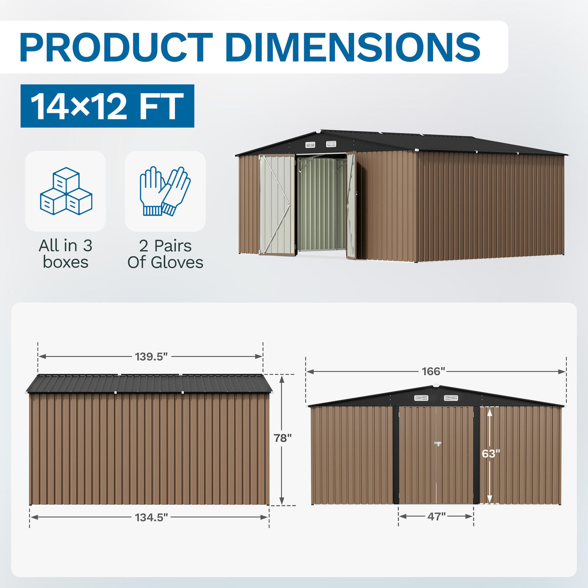 Patiowell 14x12 Metal Shed with Vents & Lockable Door, Brown