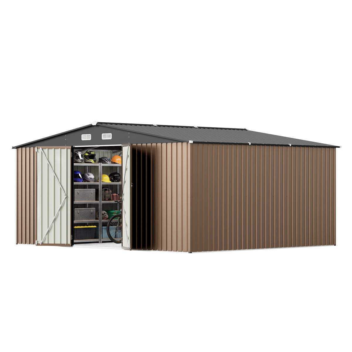 Patiowell 14x12 Metal Shed with Vents & Lockable Door, Brown
