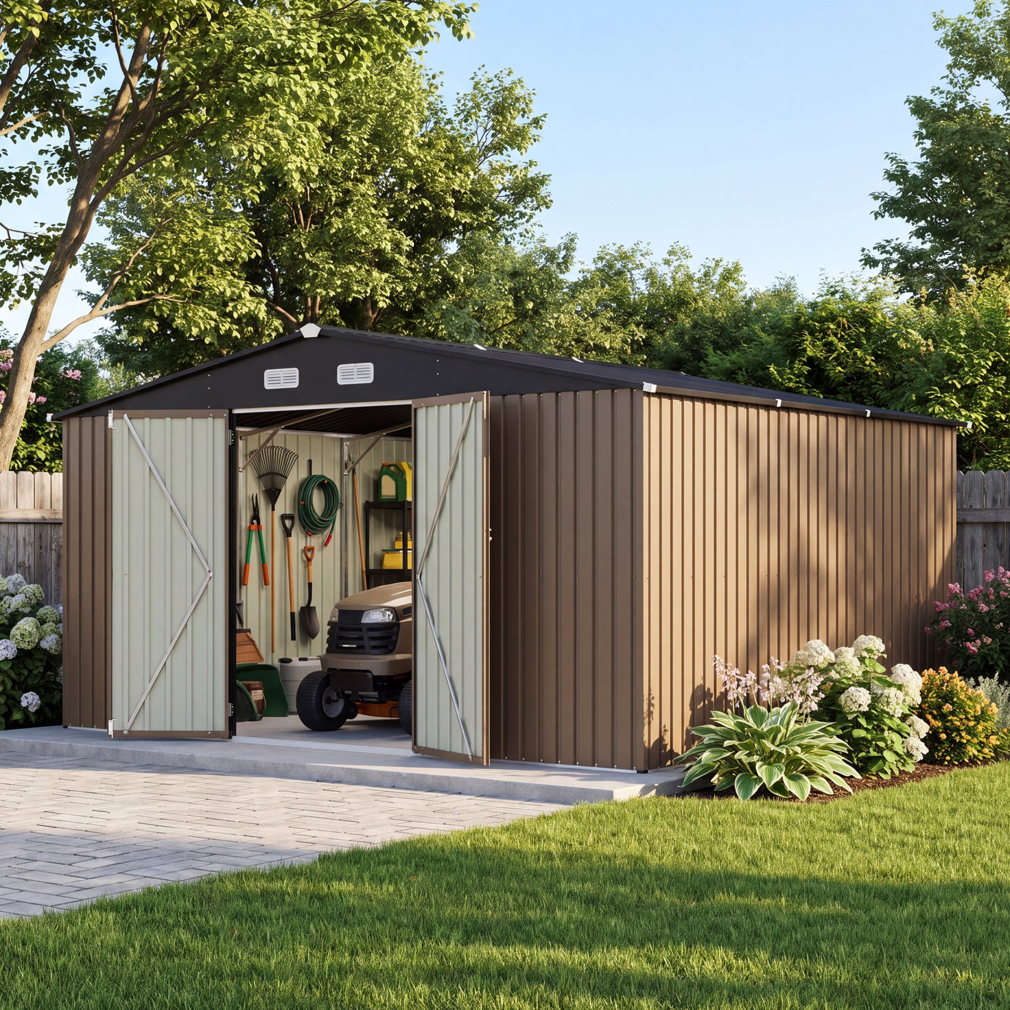 Patiowell 14x12 Metal Shed with Vents & Lockable Door, Brown
