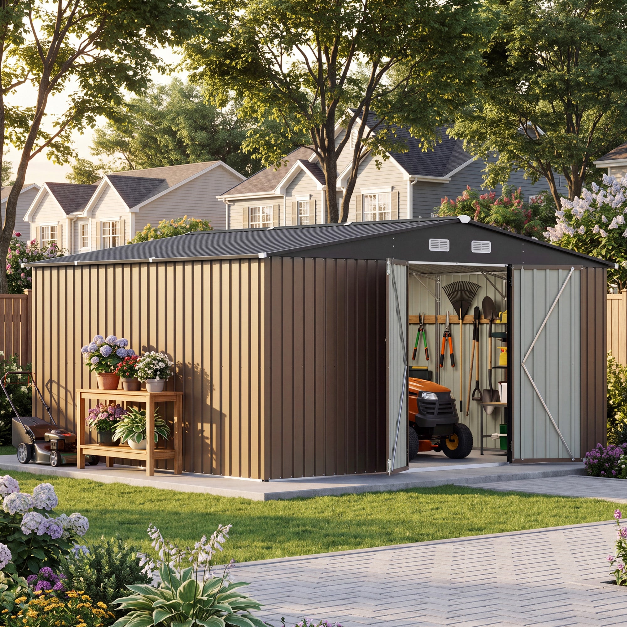 Patiowell 14x12 Metal Shed with Vents & Lockable Door, Brown