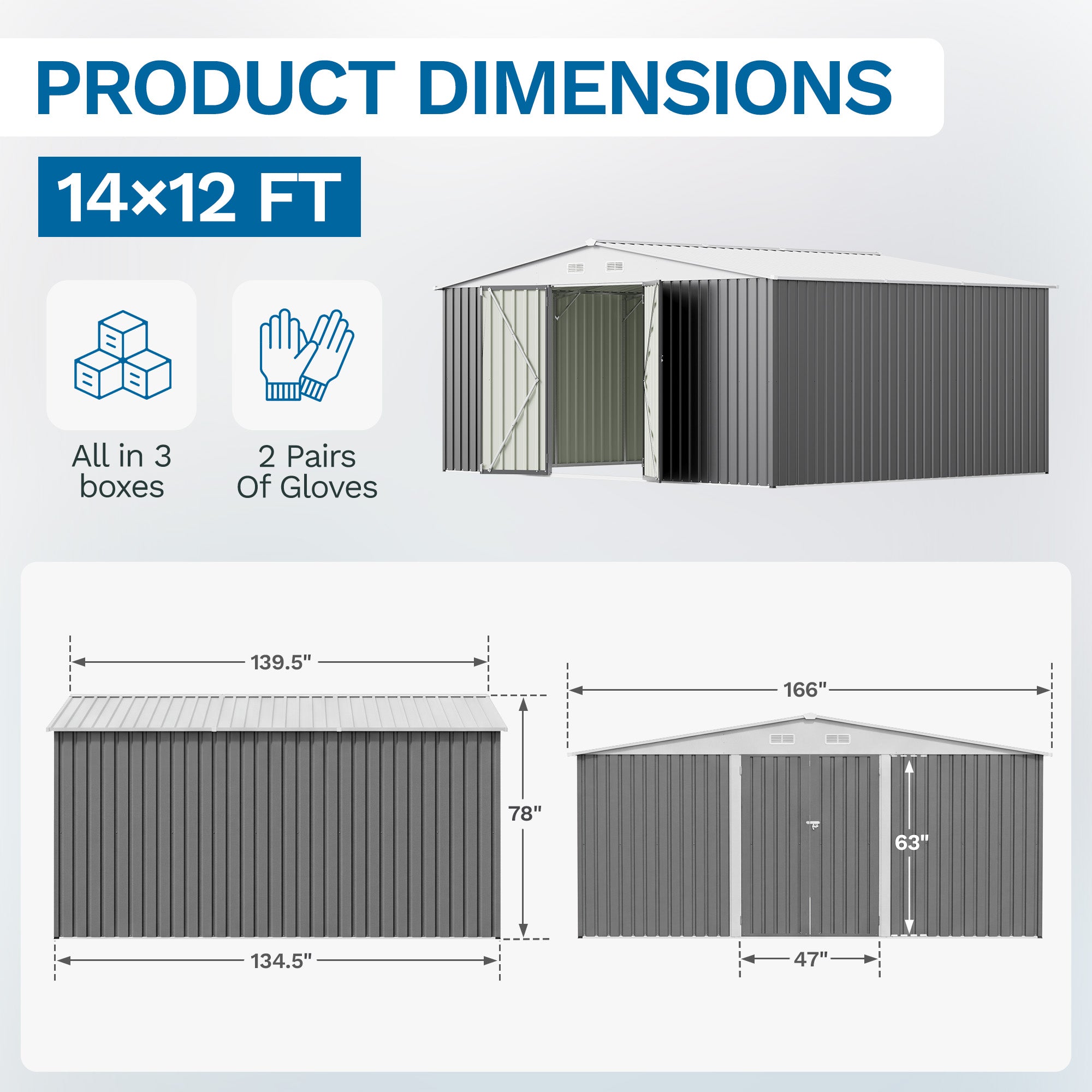 Patiowell 14x12 Metal Shed with Vents & Lockable Door, Gray