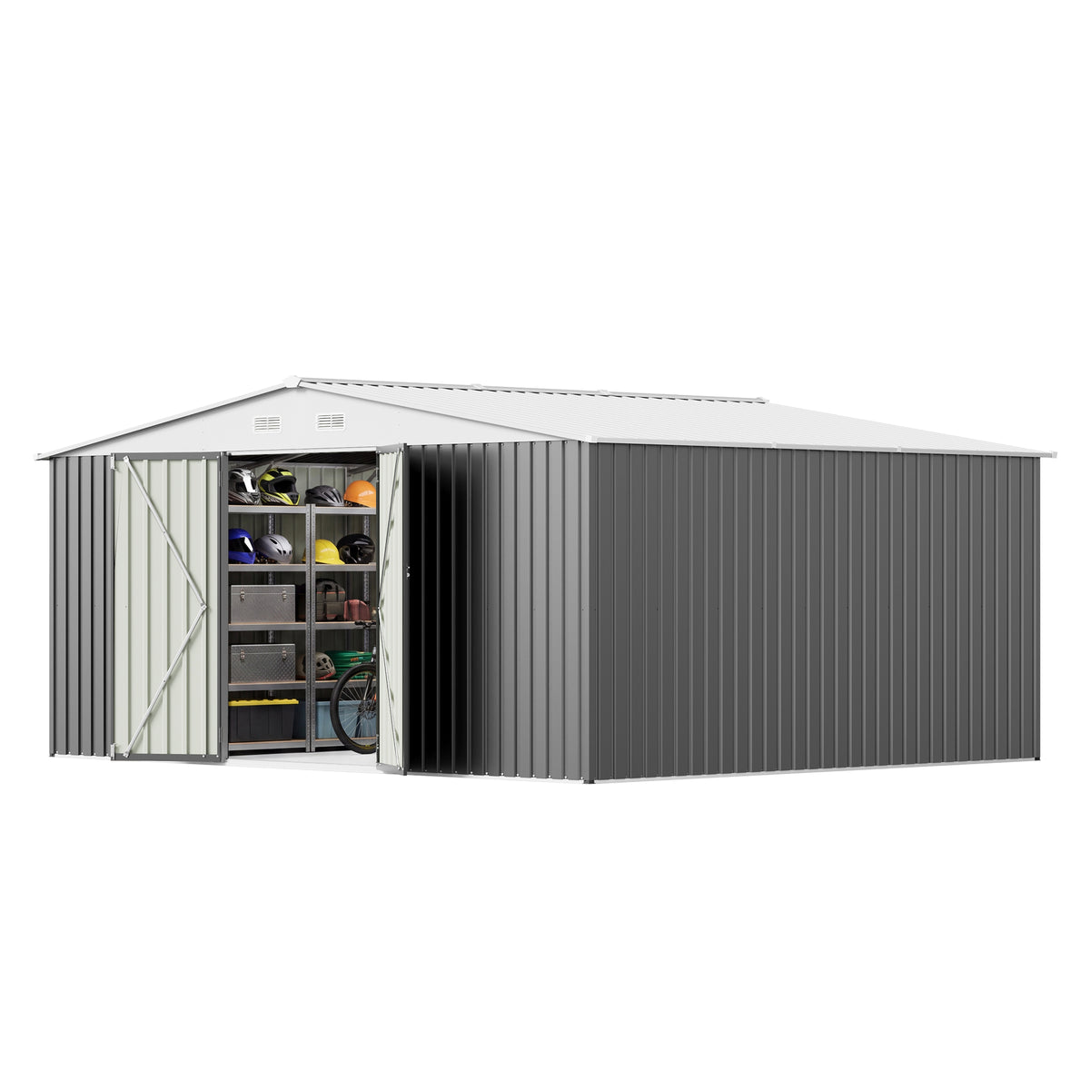 Patiowell 14x12 Metal Shed with Vents & Lockable Door, Gray