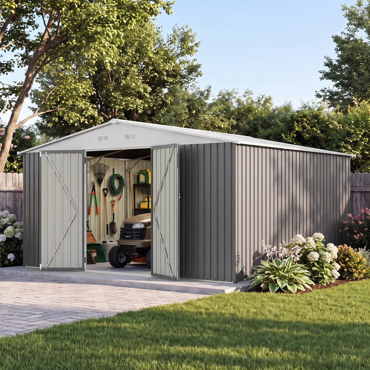 Patiowell 14x12 Metal Shed with Vents & Lockable Door, Gray