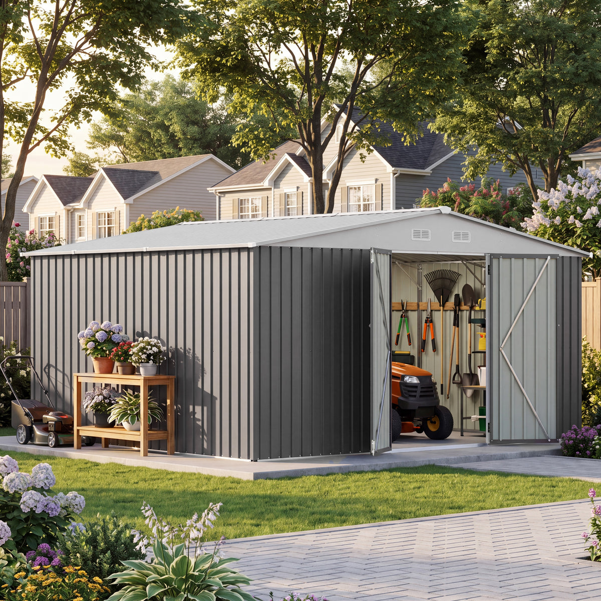 Patiowell 14x12 Metal Shed with Vents & Lockable Door, Gray