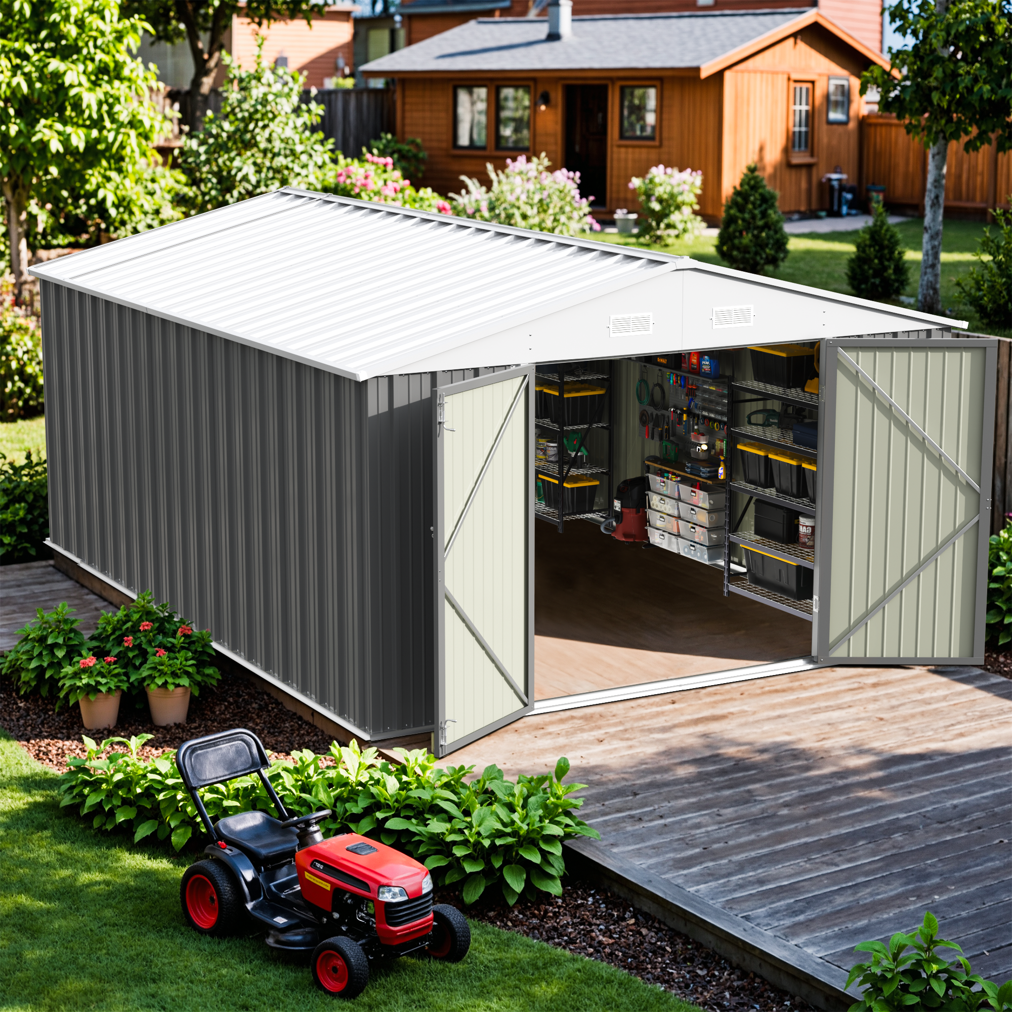 10x14 FT Large Metal Garden Shed with Lockable Door and Sloping Roof