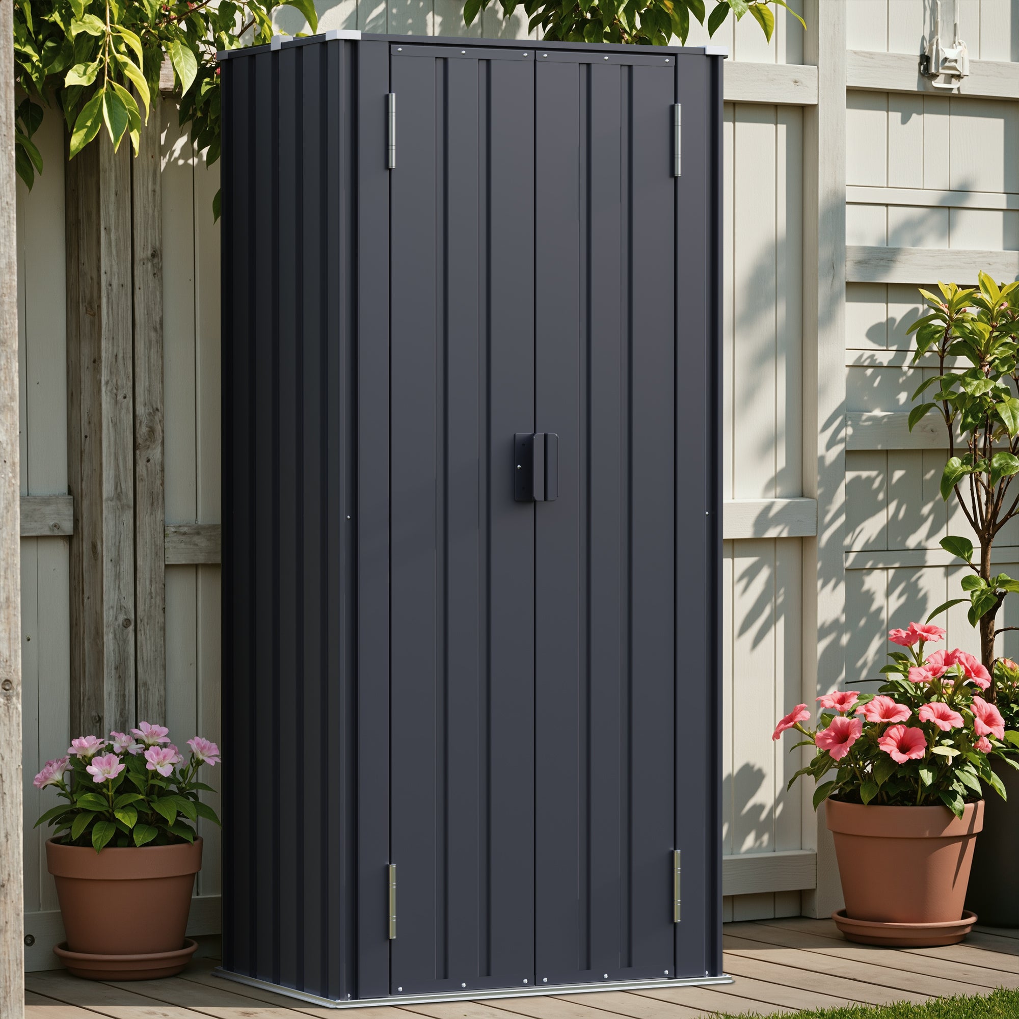 Patiowell, 26cu.ft Tall Black Steel Shed with 3-Tier Shelves - Vertical Organizer Shed for Garden/Tools