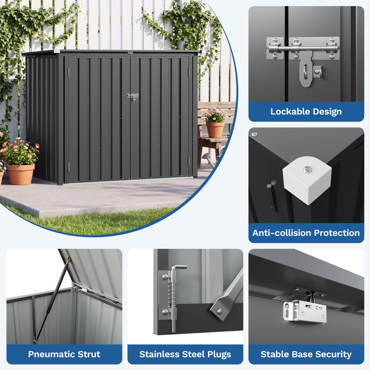 Patiowell 5x2.6ft Trash Can Storage Shed Metal Shed with Double Doors, Black