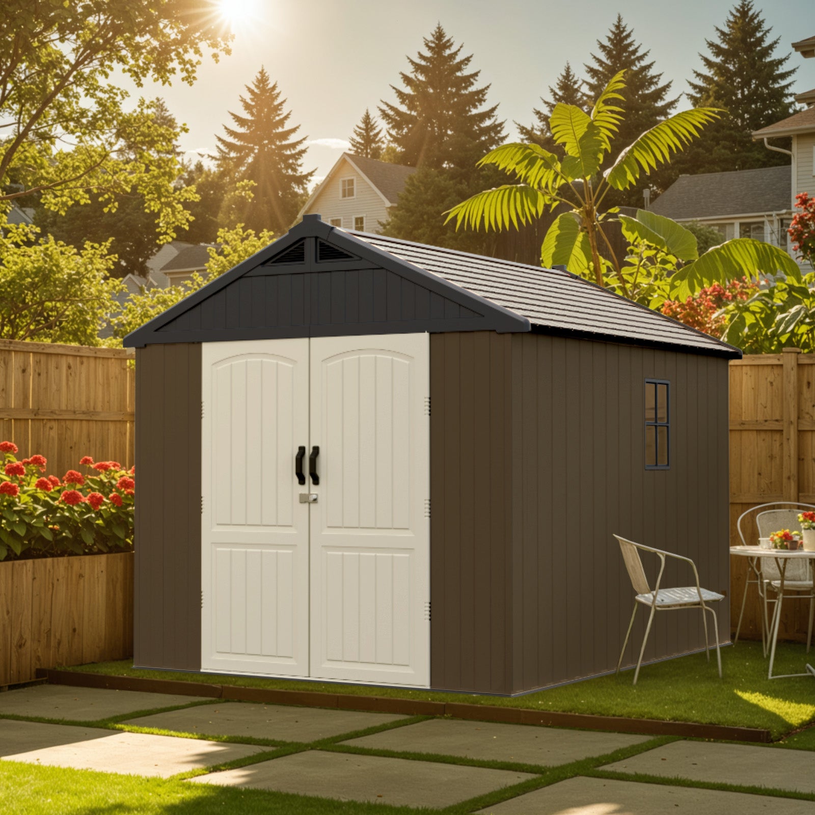 Patiowell Kick-it 8x8 Plastic Garden Storage Shed with Floor and Windows, Brown