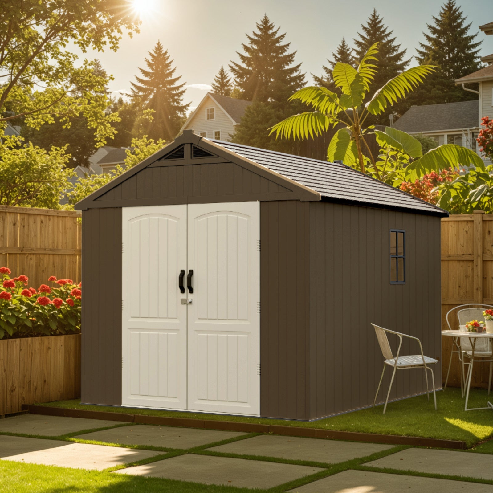 Kick-it 8x8 Plastic Storage Shed with Floor, Brown