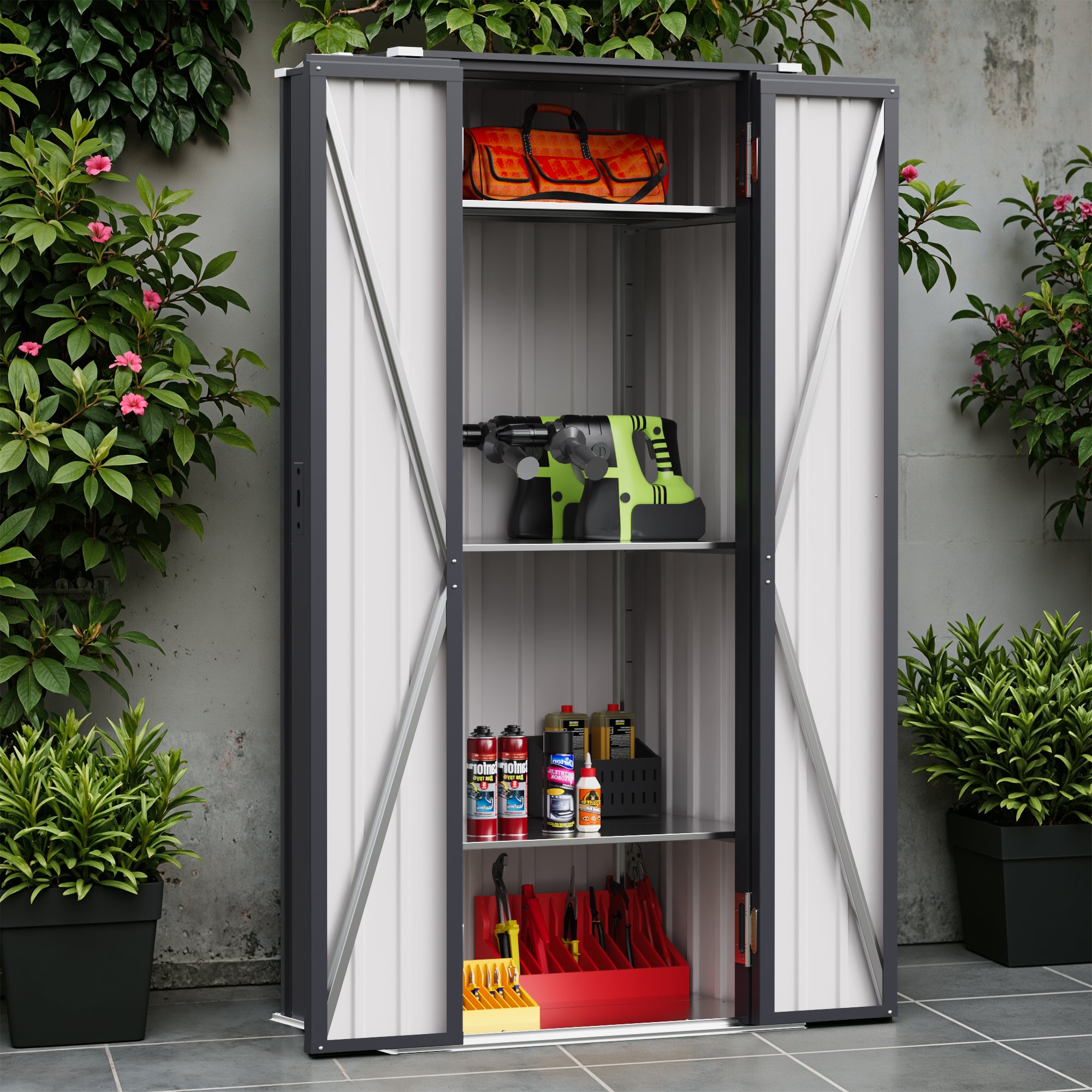 Patiowell, 26cu.ft Tall Black Steel Shed with 3-Tier Shelves - Vertical Organizer Shed for Garden/Tools