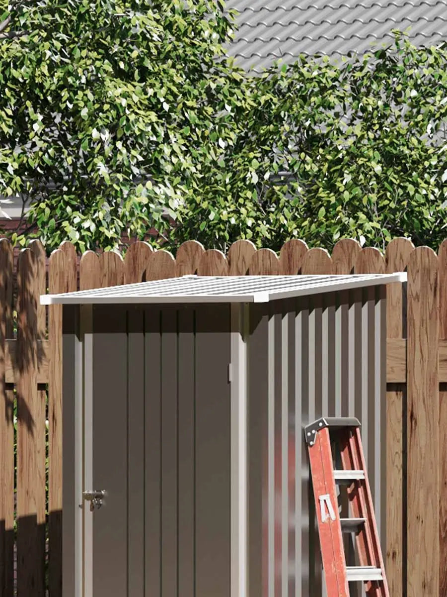 3x3 metal storage shed standing in backyard