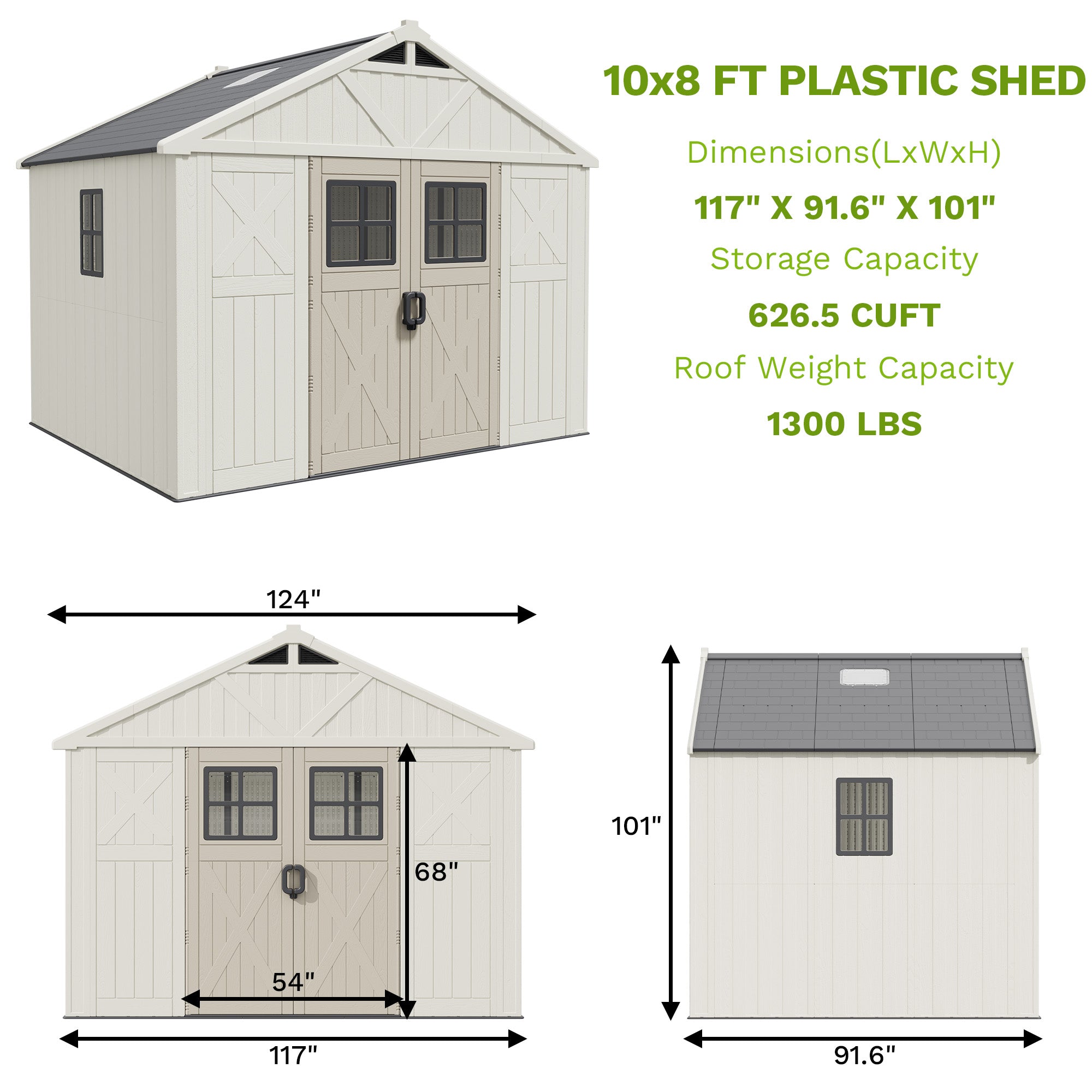 Patiowell 10x8 FT Kick-it Plastic Storage Shed with Skylight & Windows