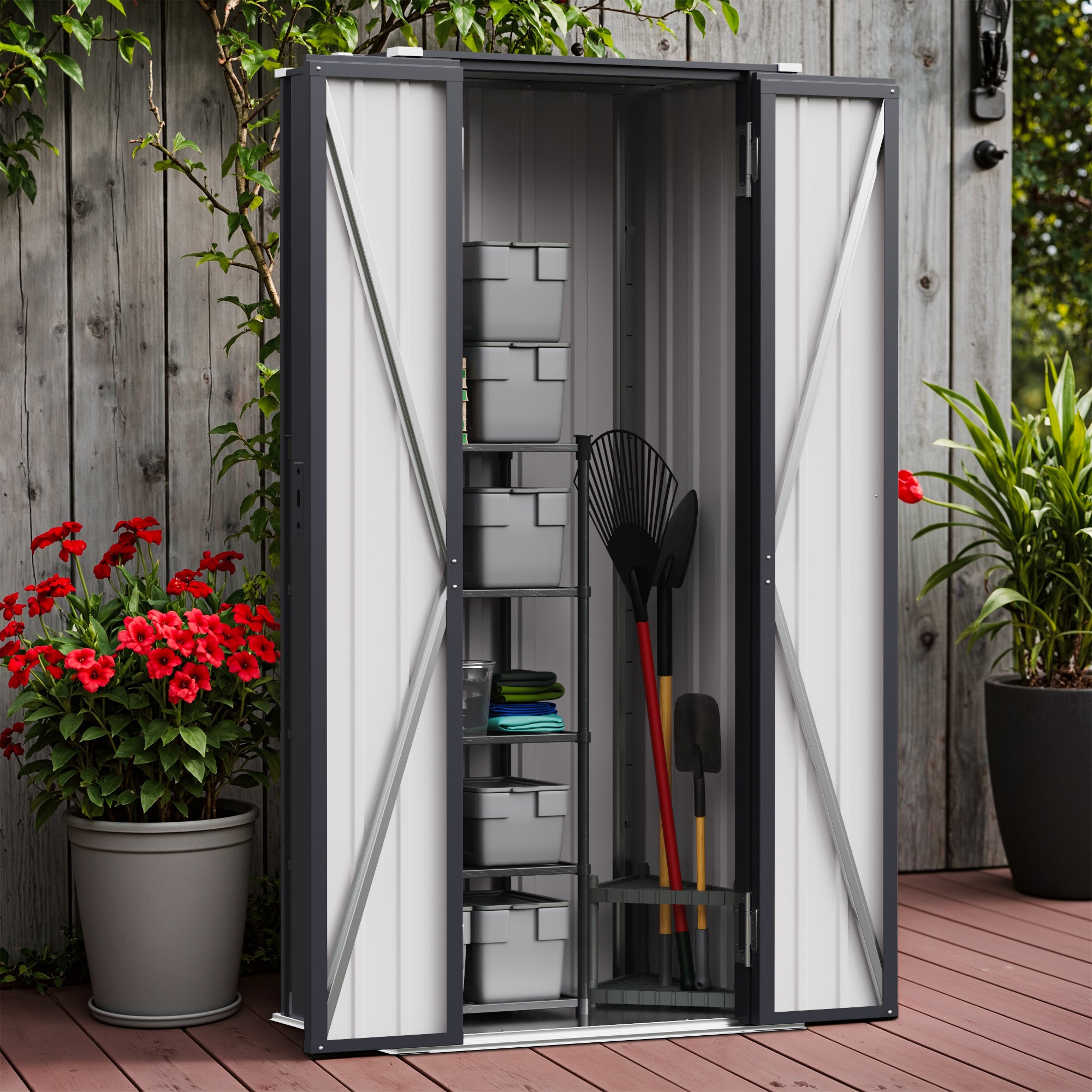 Patiowell, 26cu.ft Tall Black Steel Shed with 3-Tier Shelves - Vertical Organizer Shed for Garden/Tools