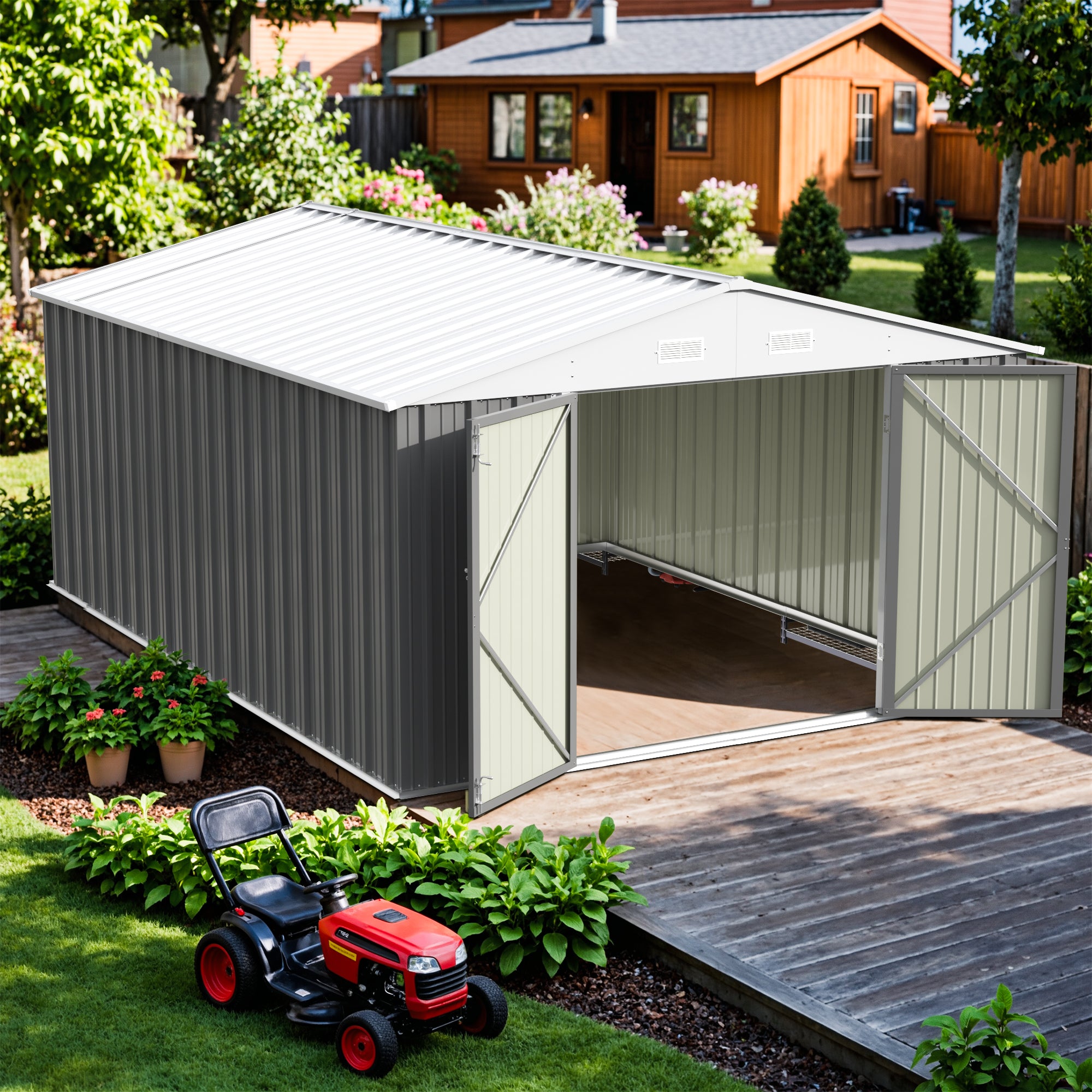 10x14 FT Large Metal Garden Shed with Lockable Door and Sloping Roof