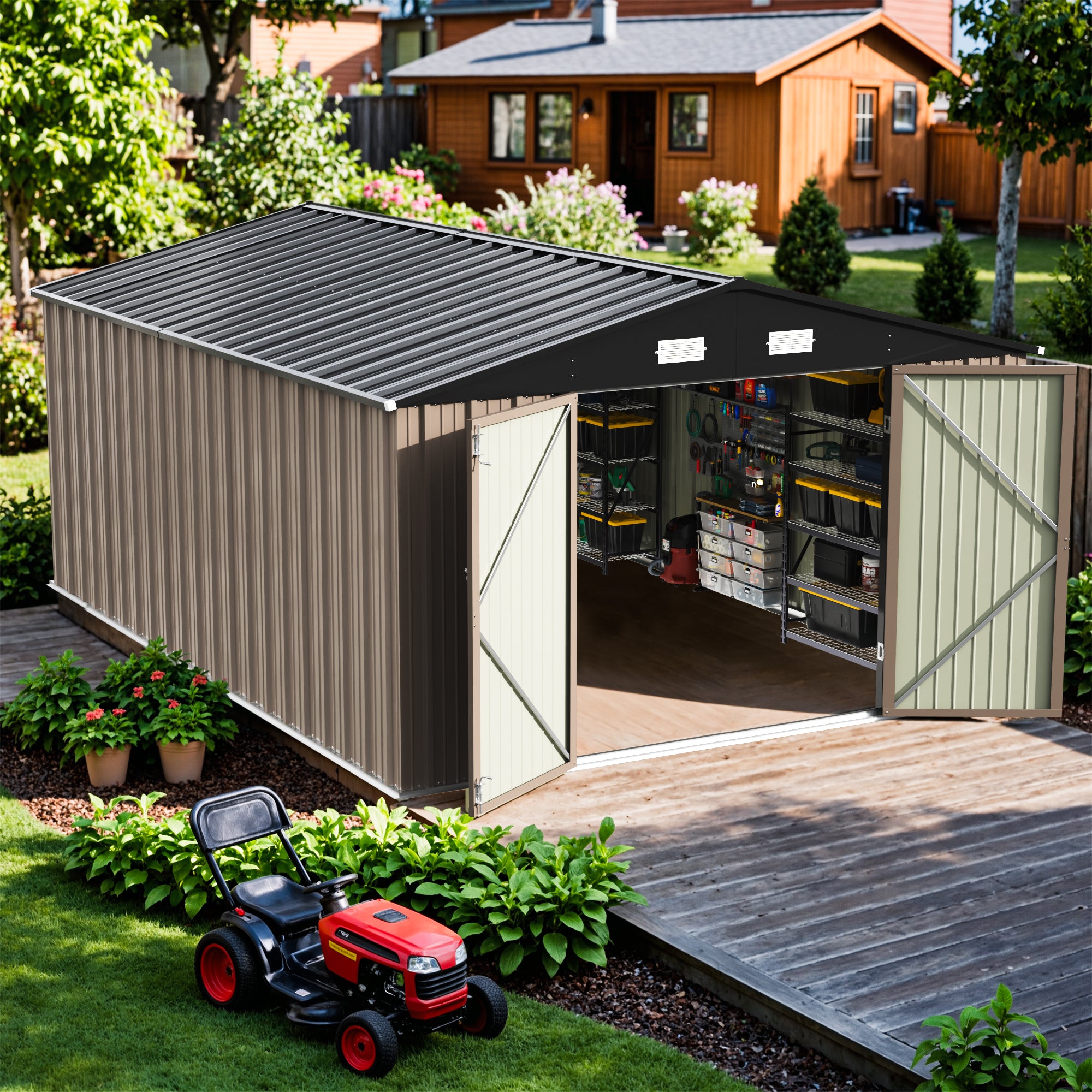 10x14 FT Large Metal Garden Shed with Lockable Door and Sloping Roof