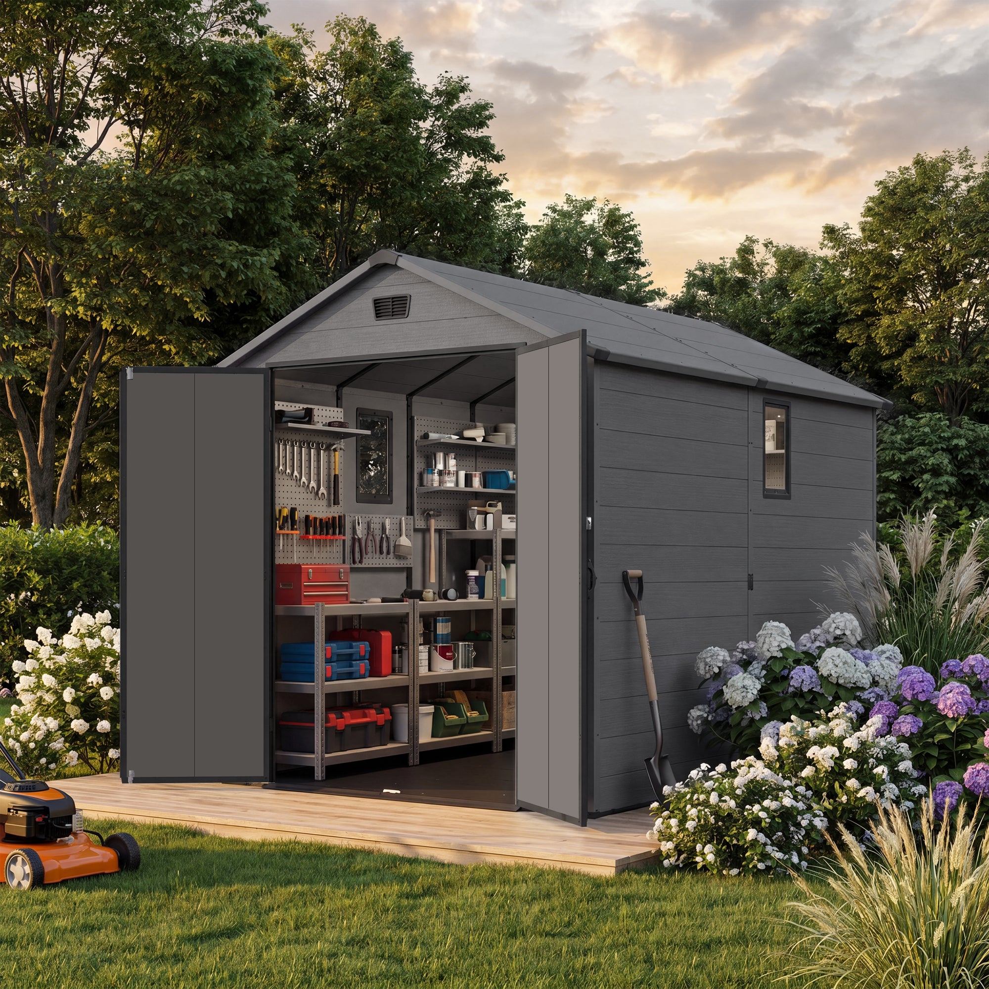 Patiowell 6x10 Plastic Shed with Window, Vent & Sloped Roof, Dark Gray
