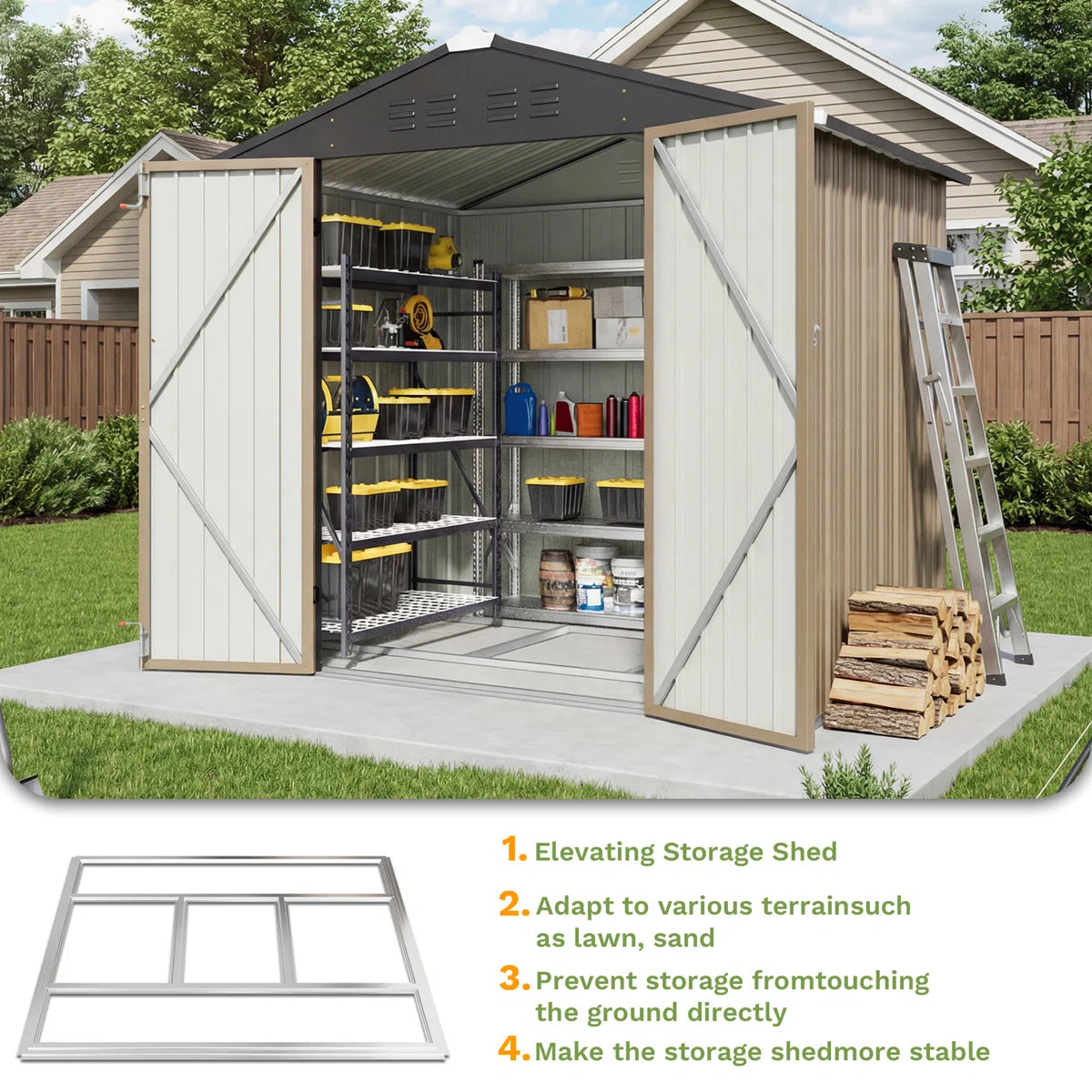 Patiowell 6x4 Metal Shed with Floor Frame, Brown
